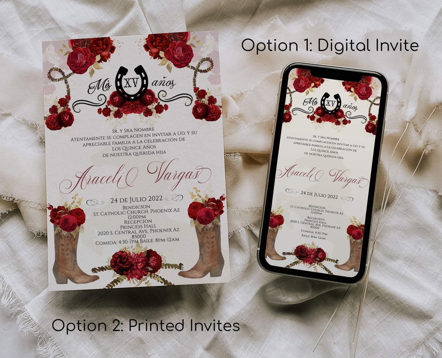 Black and Red with Gold Charro Quinceanera Invitation Style: Isabel w/banner