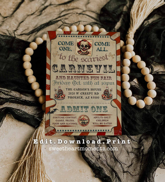 Vintage Carnevil Circus Halloween Party Invitation