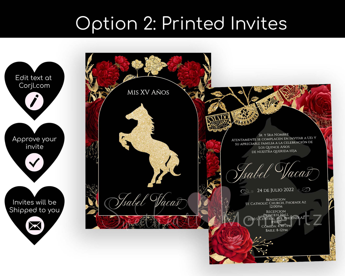 Black and Red with Gold Charro Quinceanera Invitation Style: Isabel w/banner