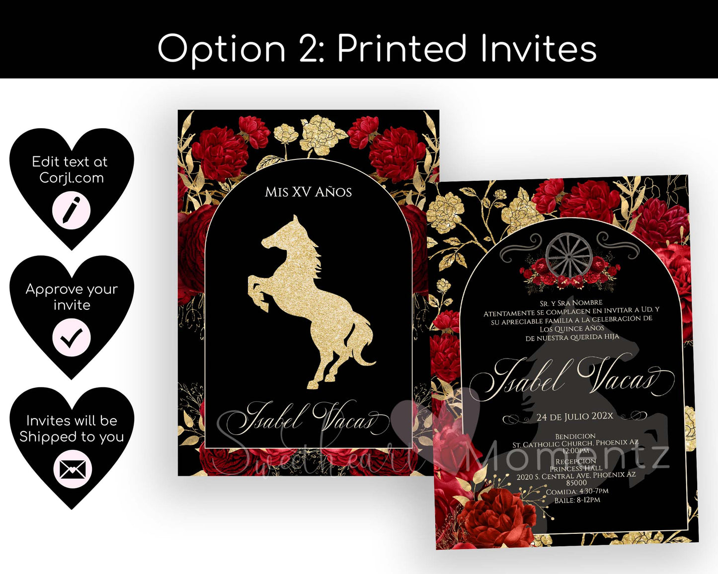 Black and Red with Gold Charro Quinceanera Invitation Style: Isabel w/wheel