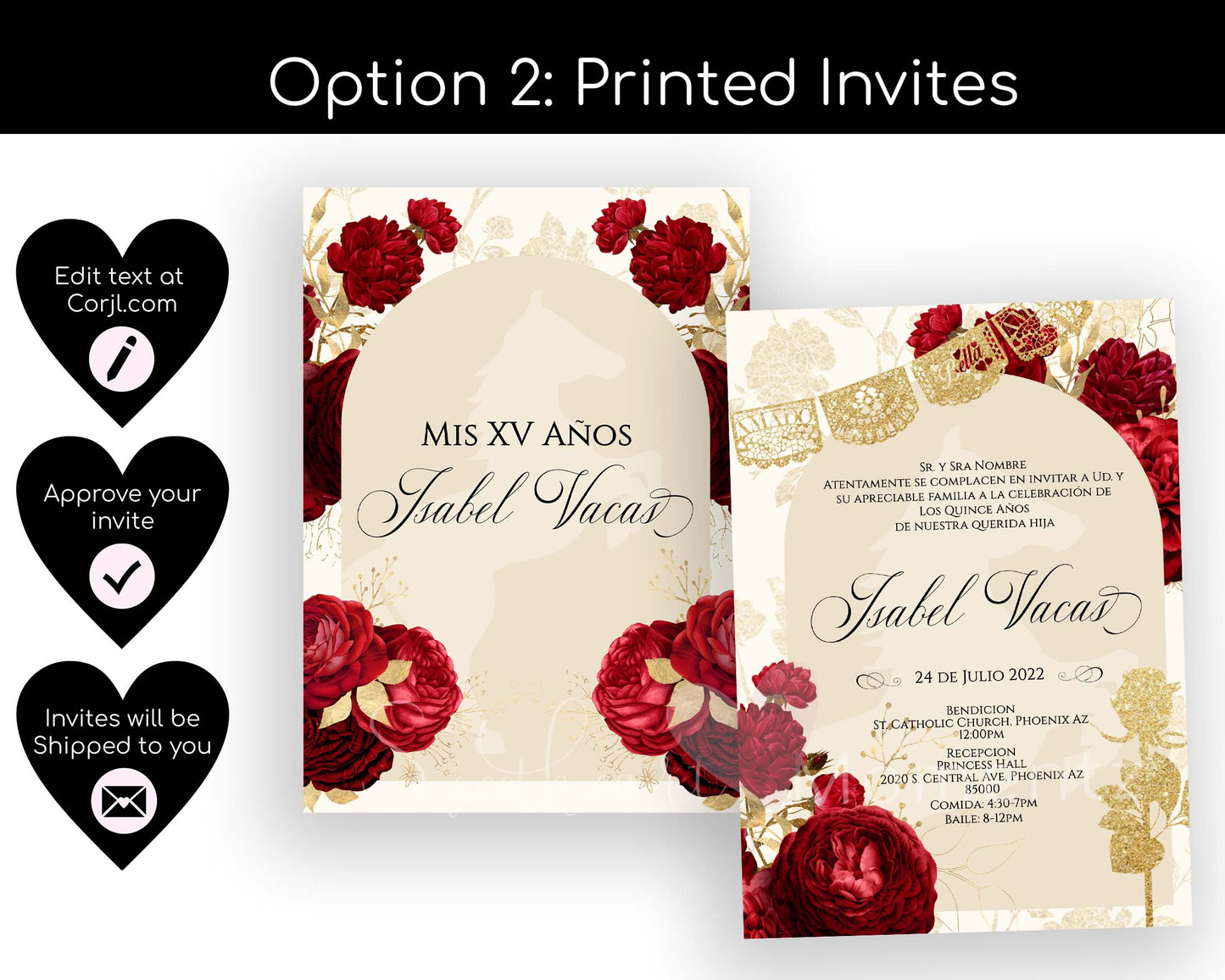 Red and Nude with Gold Charro Quinceanera Invitation Style: Isabel w/banner