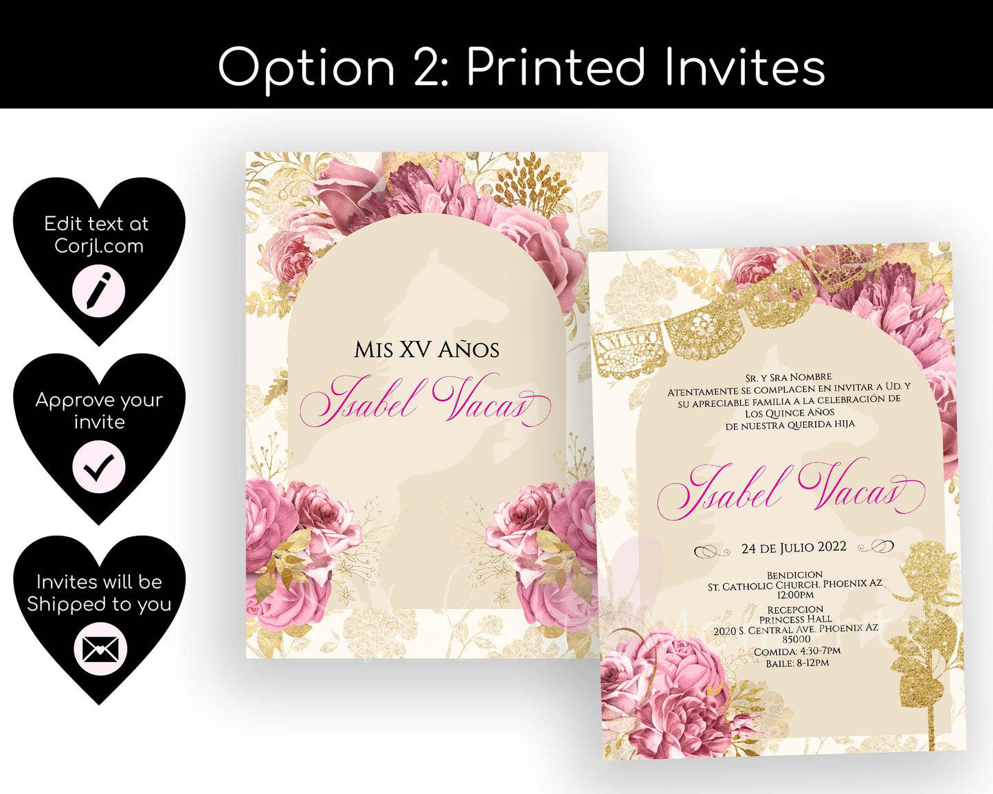 Pink and Nude with Gold Charro Quinceanera Invitation Style: Isabel w/banner