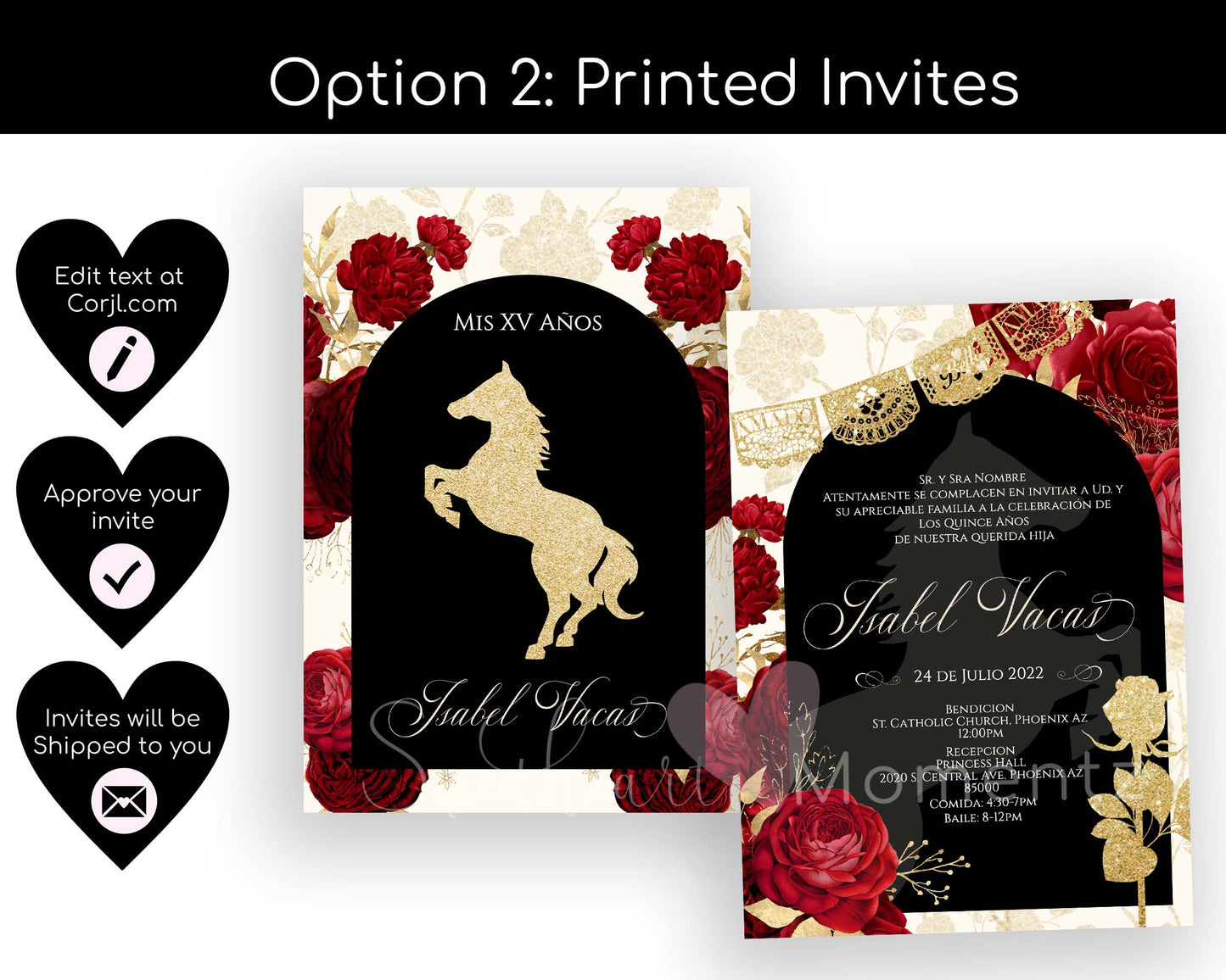 Red and Nude with Gold Charro Quinceanera Invitation Style: Isabel w/banner