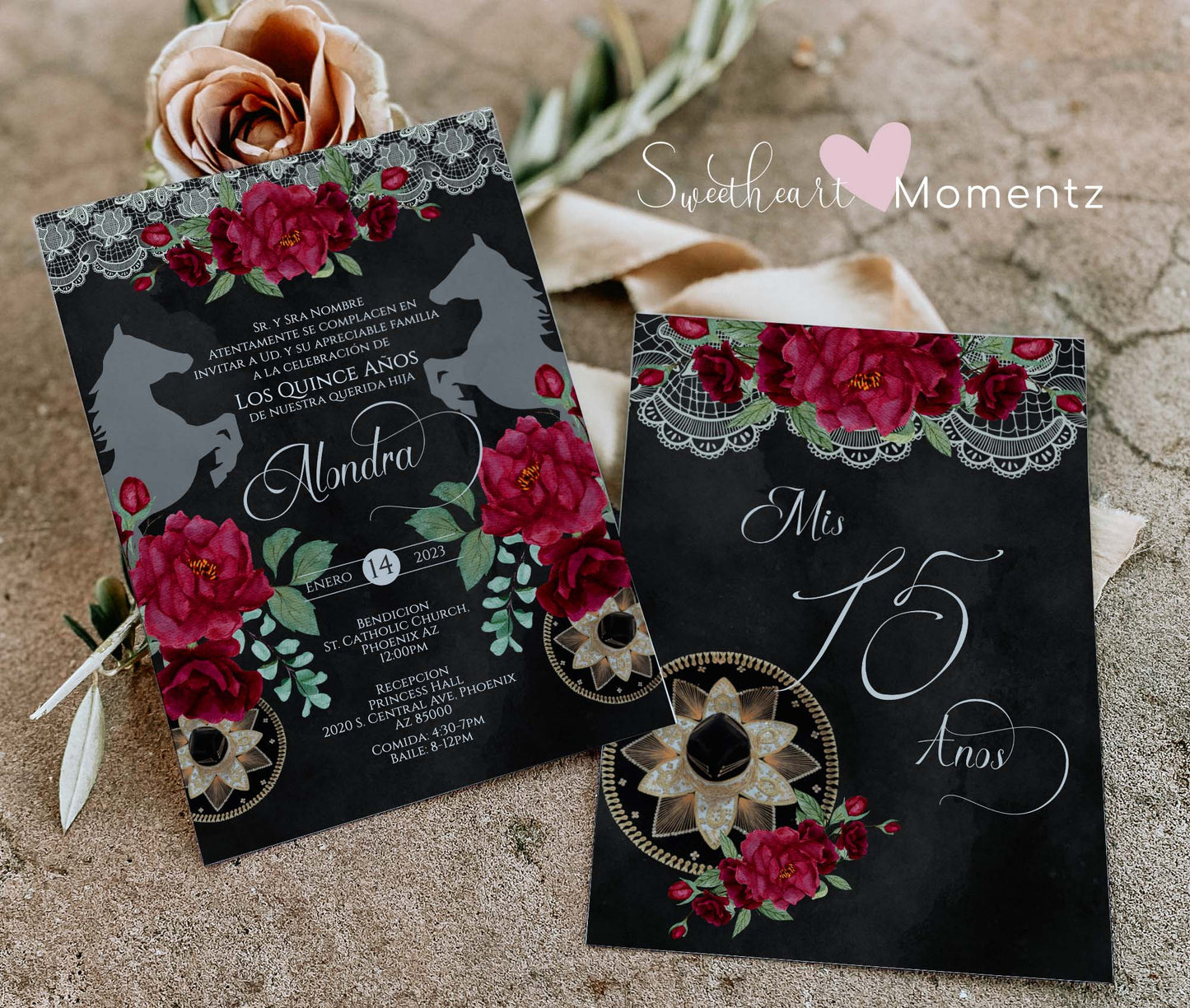 Red and Black Charro Quinceanera Invitation Style: Alondra w/ Lace