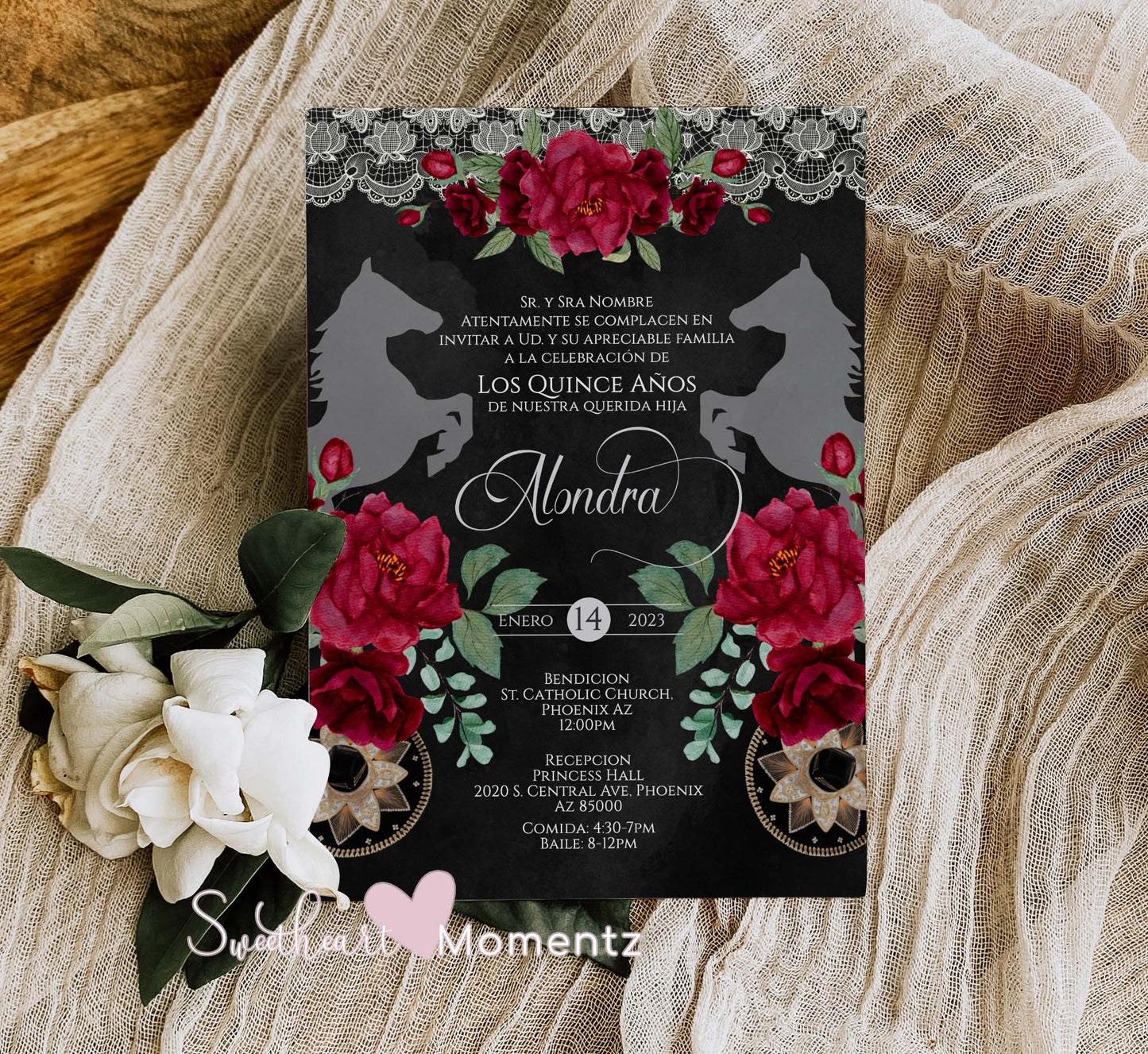 Red and Black Charro Quinceanera Invitation Style: Alondra w/ Lace