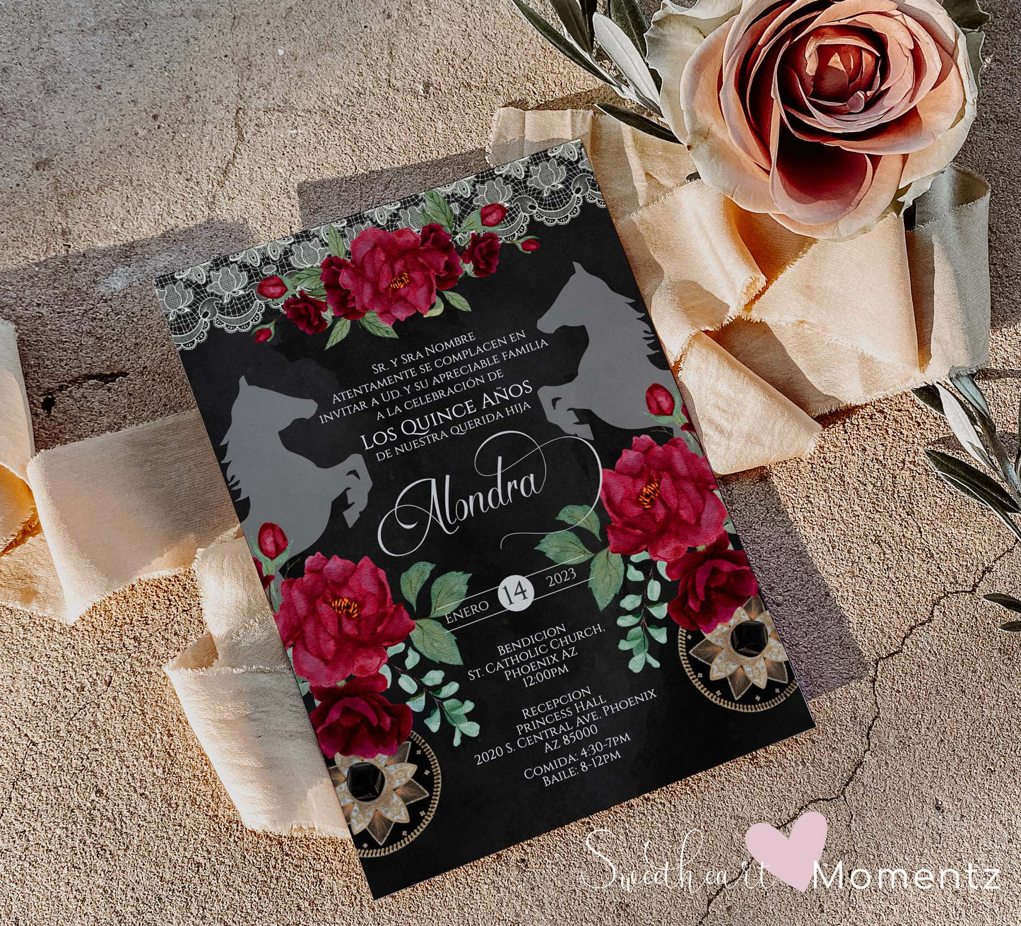 Red and Black Charro Quinceanera Invitation Style: Alondra w/ Lace