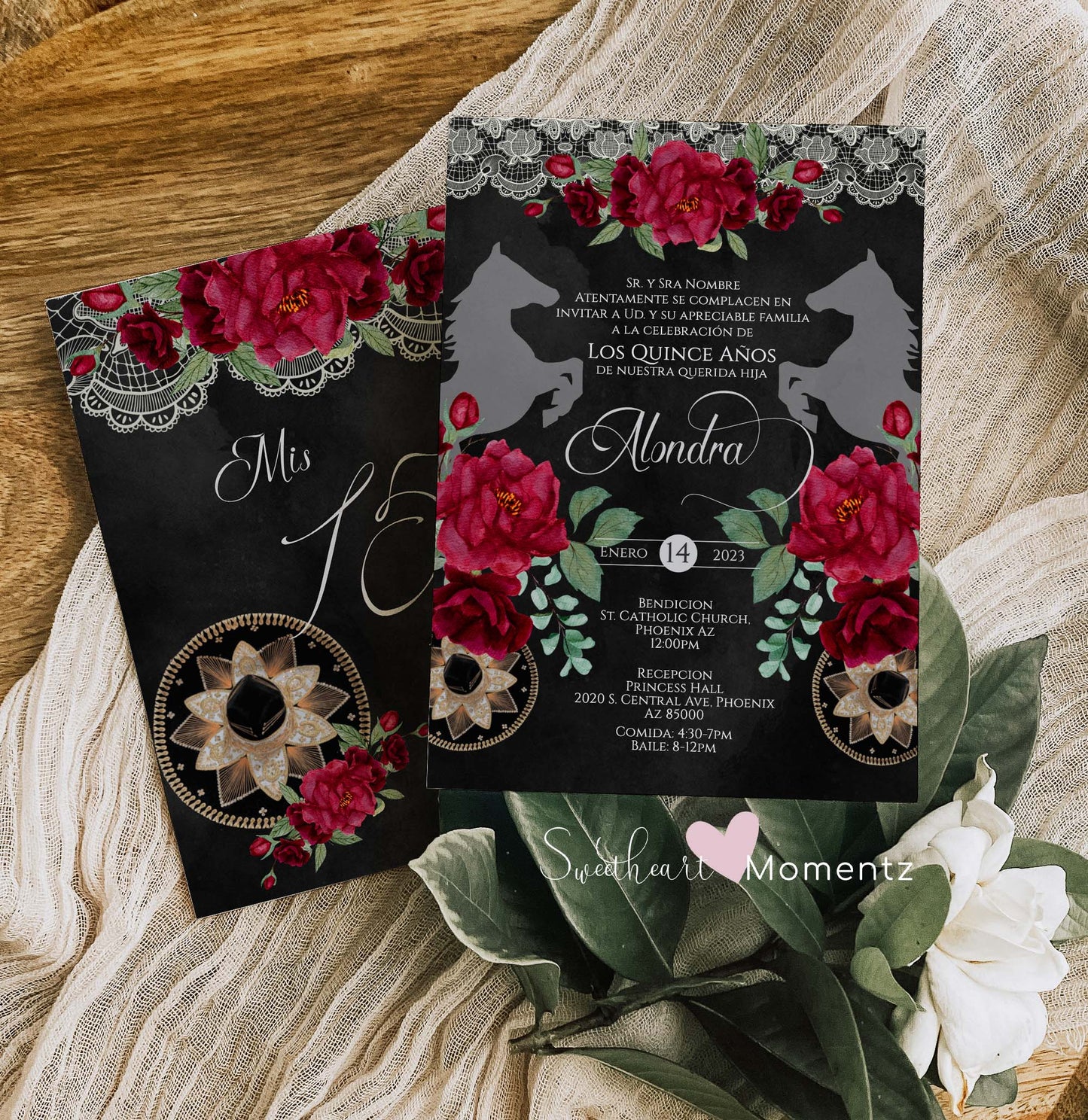 Red and Black Charro Quinceanera Invitation Style: Alondra w/ Lace