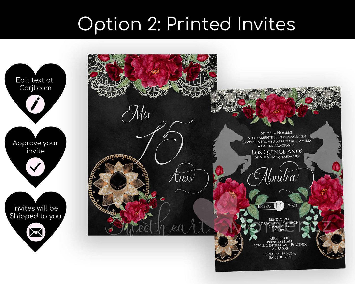 Red and Black Charro Quinceanera Invitation Style: Alondra w/ Lace