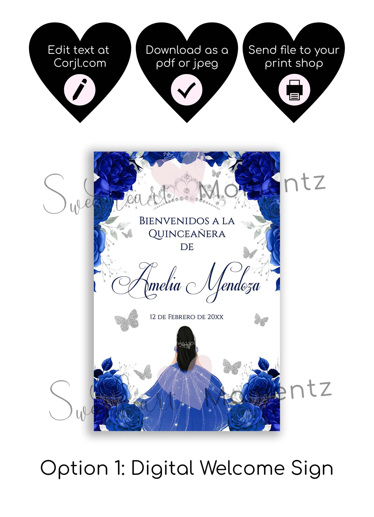 Royal Blue and Silver Butterfly Welcome Sign Style: Amelia