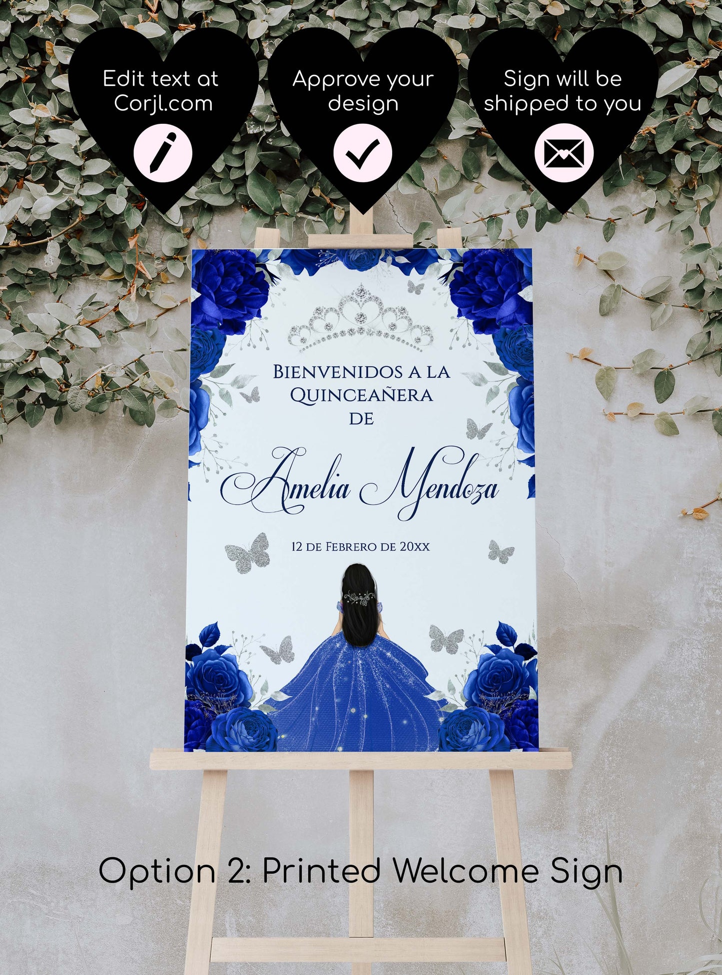 Royal Blue and Silver Butterfly Welcome Sign Style: Amelia