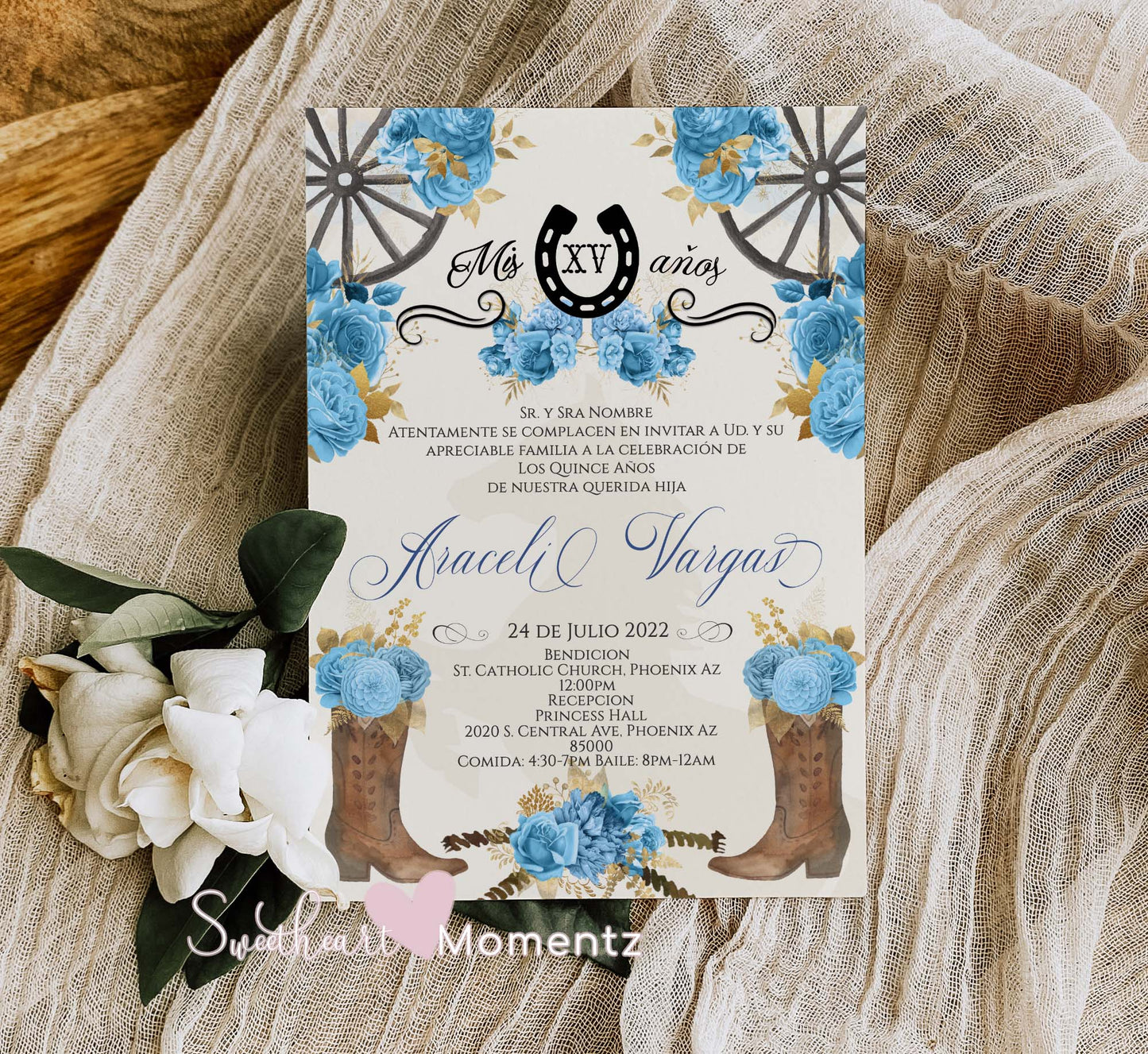 Light Blue Charro Quinceanera Invitation Style: Araceli