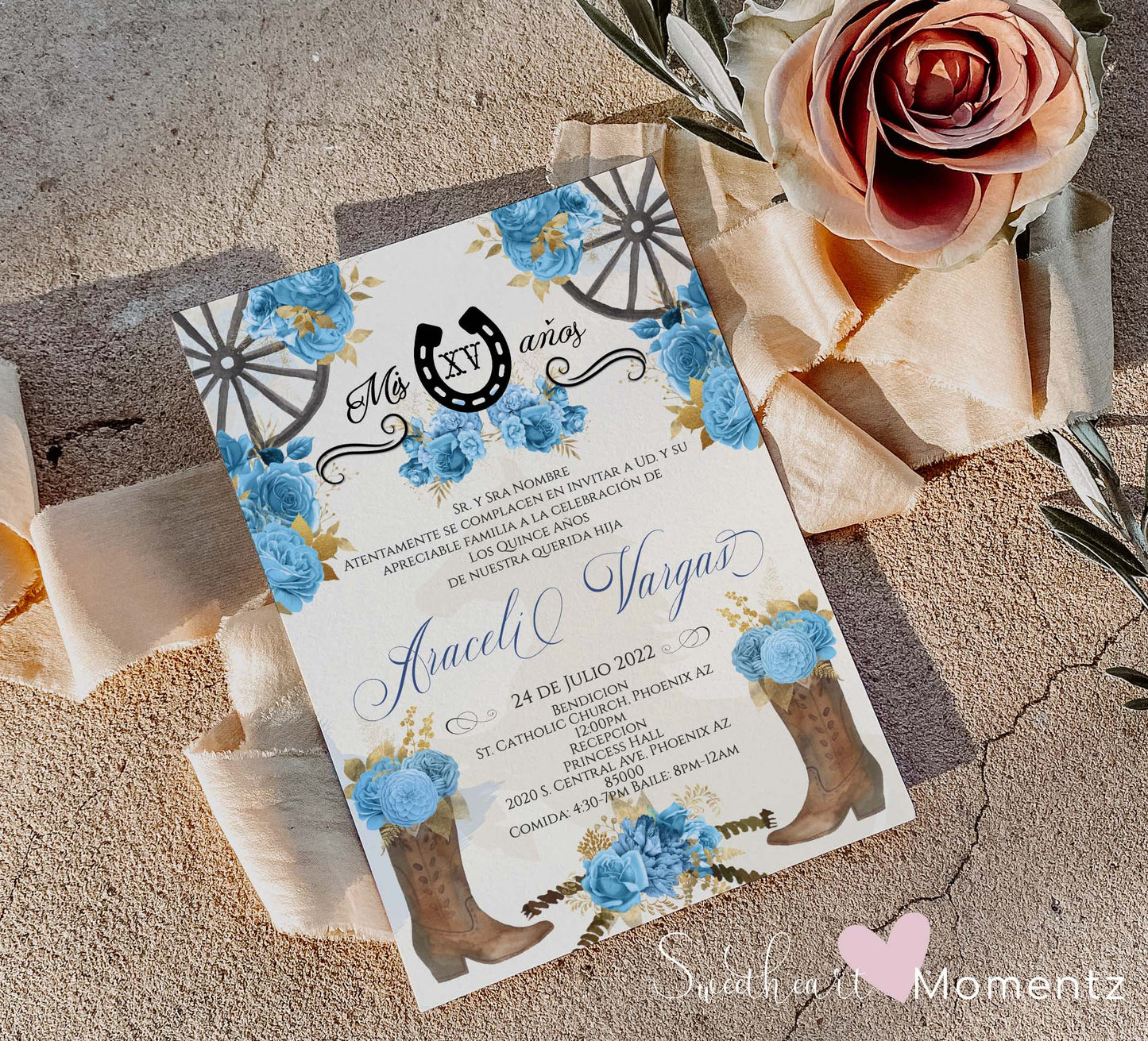 Light Blue Charro Quinceanera Invitation Style: Araceli