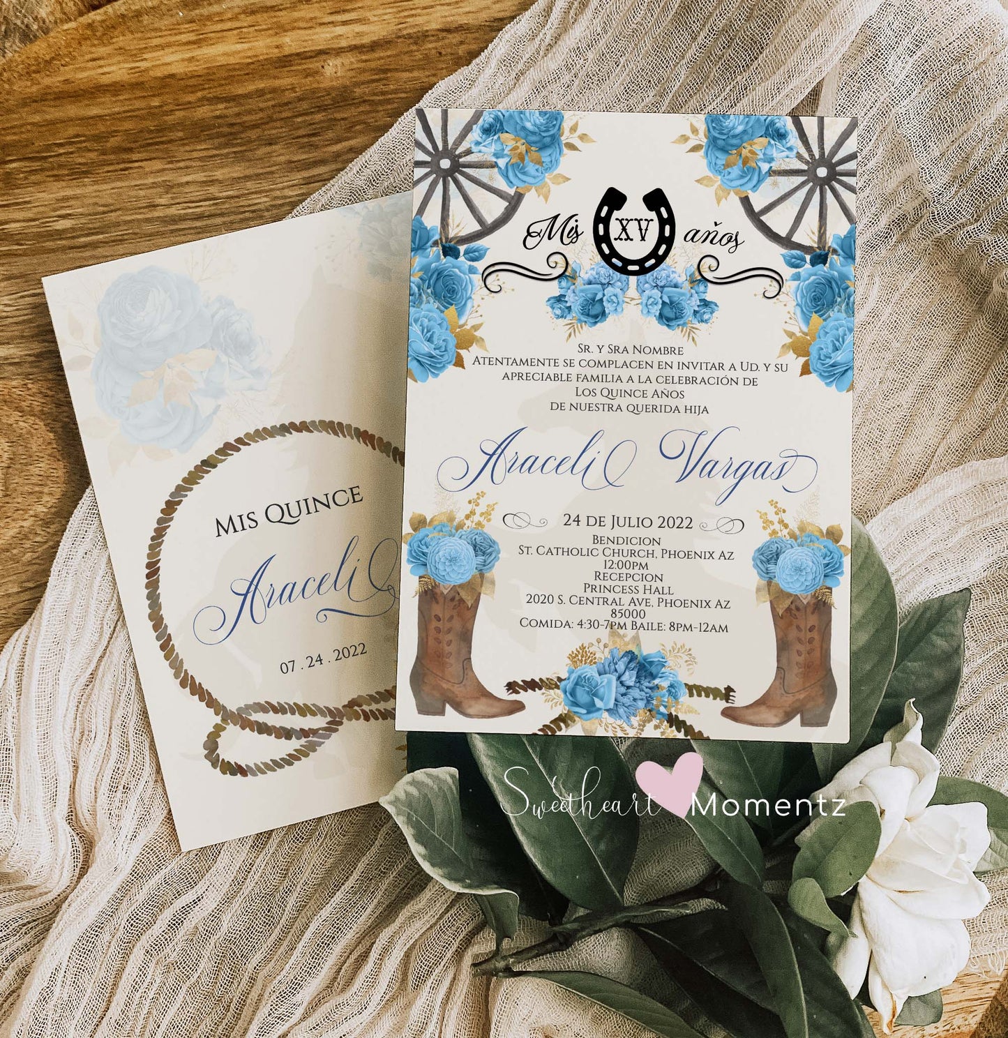 Light Blue Charro Quinceanera Invitation Style: Araceli