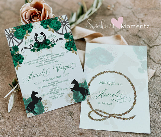 Emerald Green Charro Quinceanera Invitation Style: Araceli