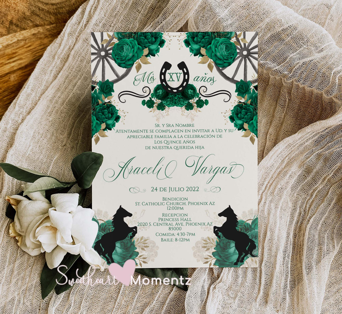 Emerald Green Charro Quinceanera Invitation Style: Araceli