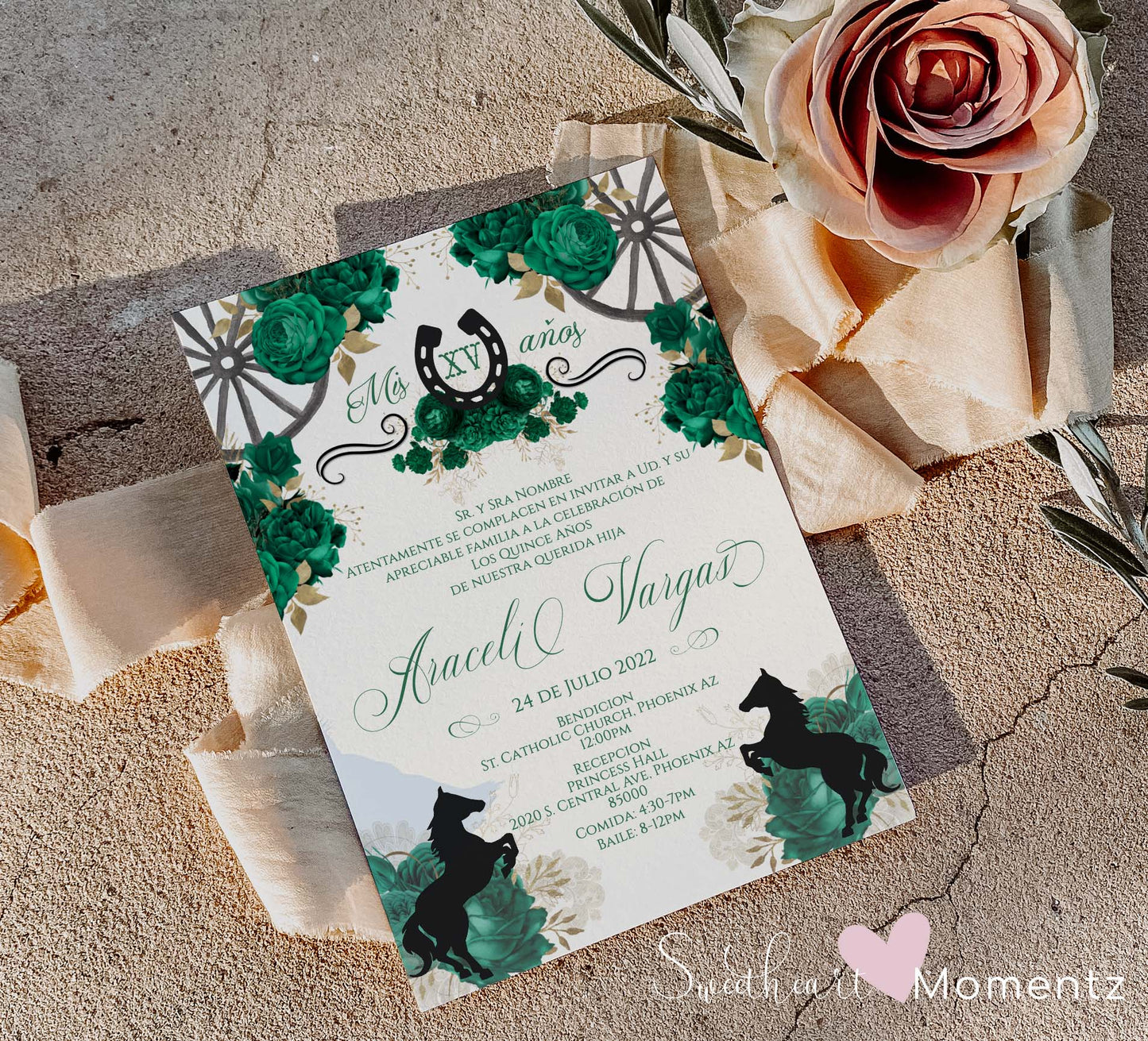 Emerald Green Charro Quinceanera Invitation Style: Araceli