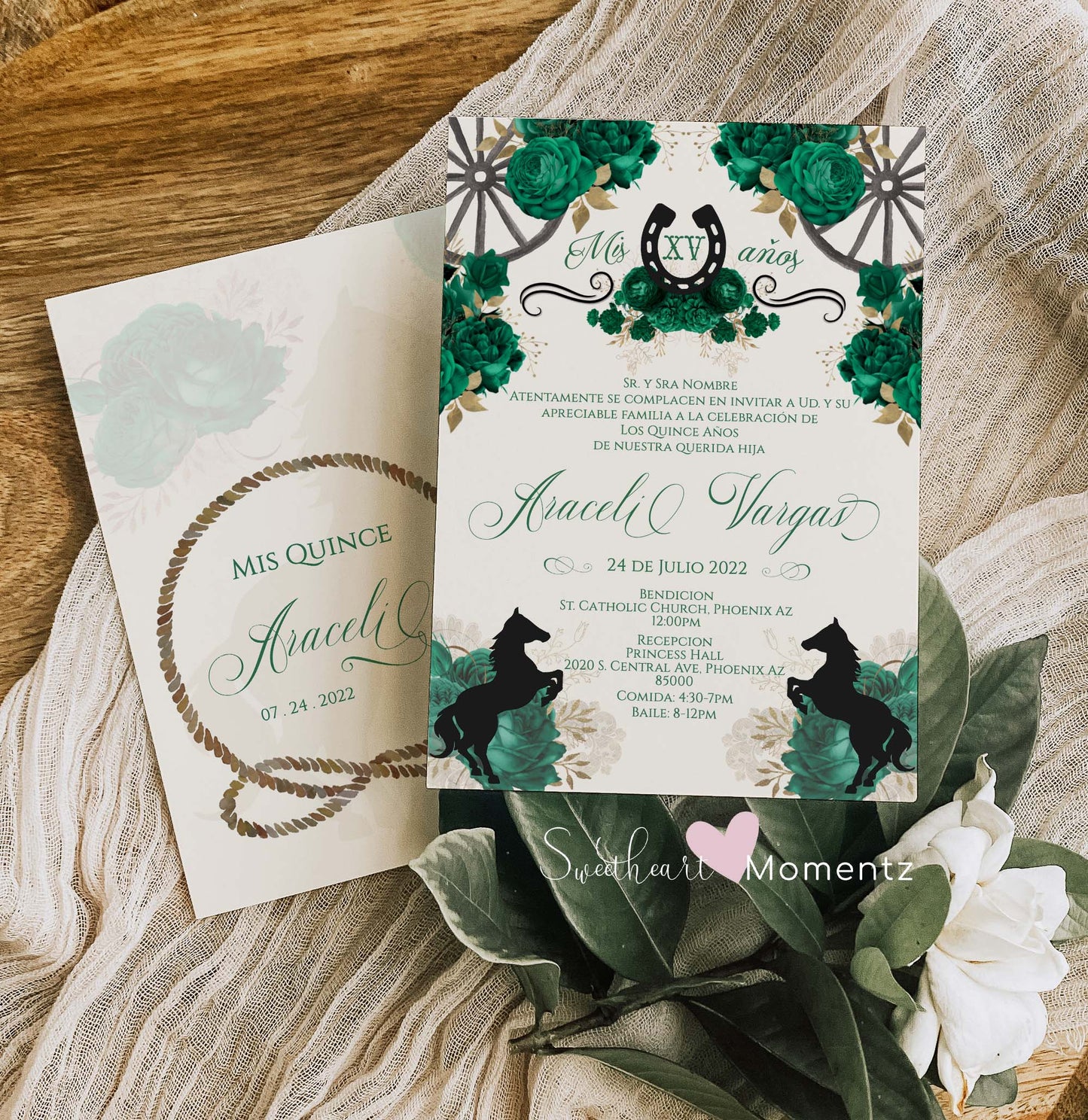 Emerald Green Charro Quinceanera Invitation Style: Araceli