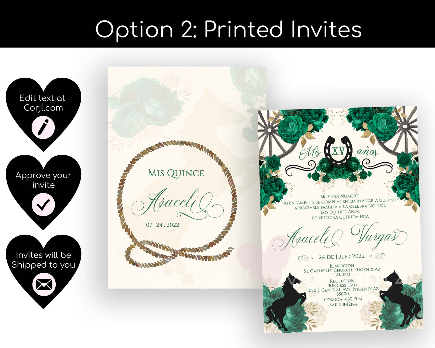 Emerald Green Charro Quinceanera Invitation Style: Araceli