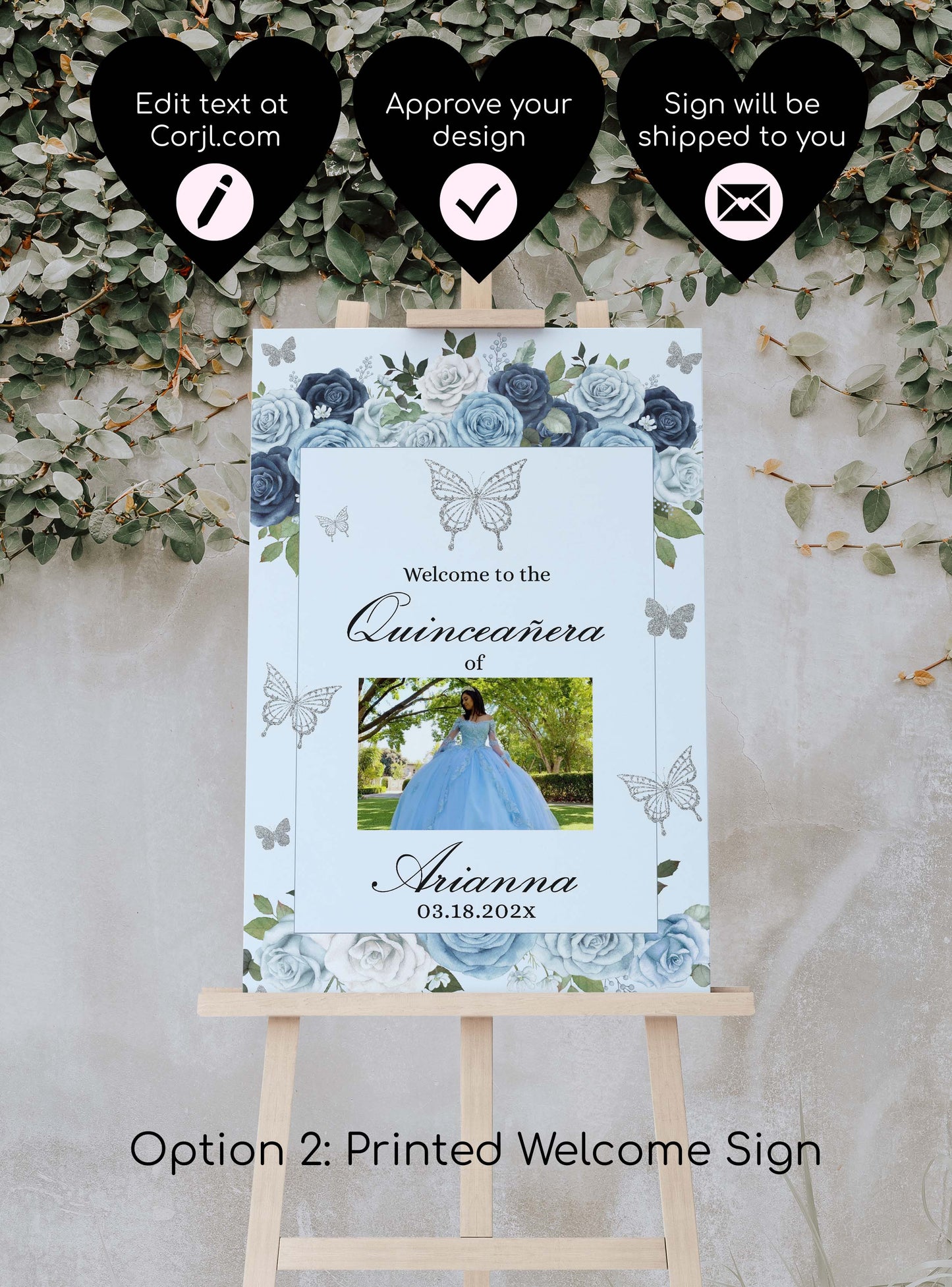 Blue and Silver Butterfly Welcome Sign Style: Arianna