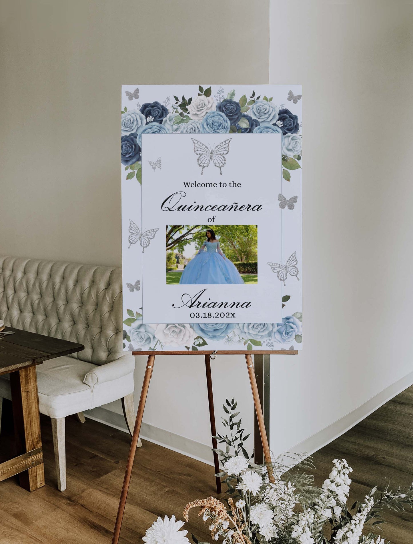 Blue and Silver Butterfly Welcome Sign Style: Arianna