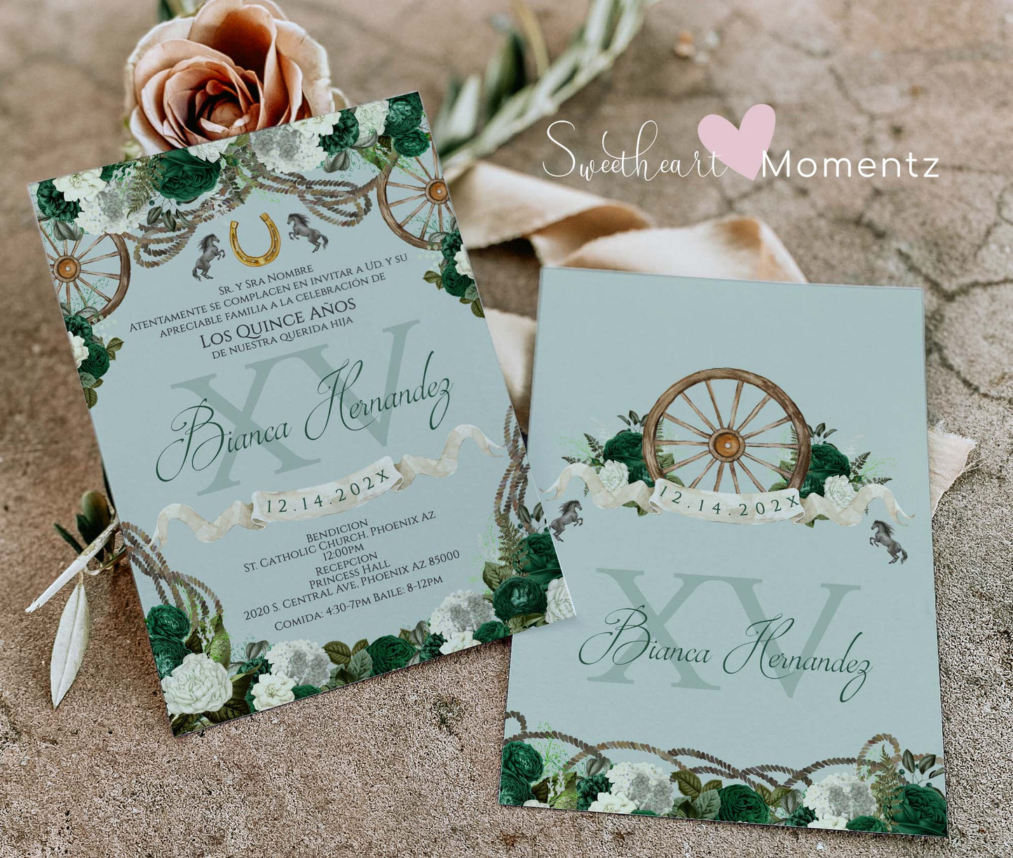 Emerald Green Charro Quinceanera Invitation Style: Bianca