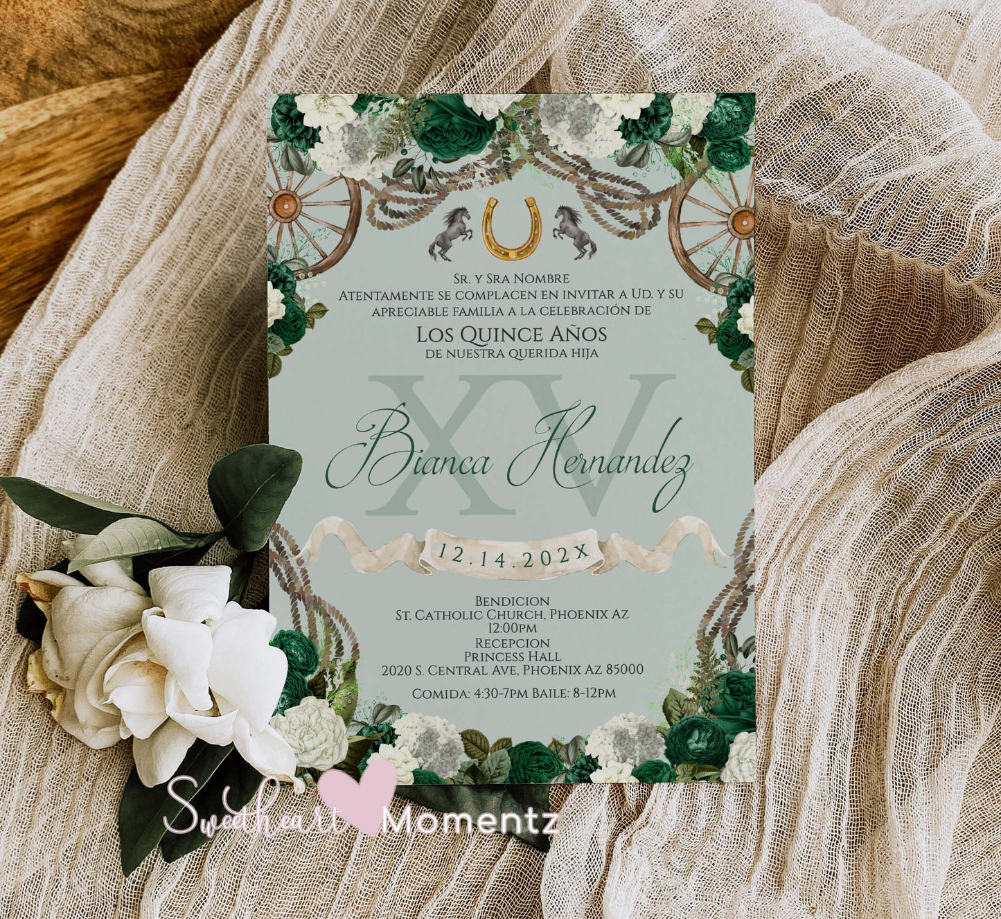 Emerald Green Charro Quinceanera Invitation Style: Bianca