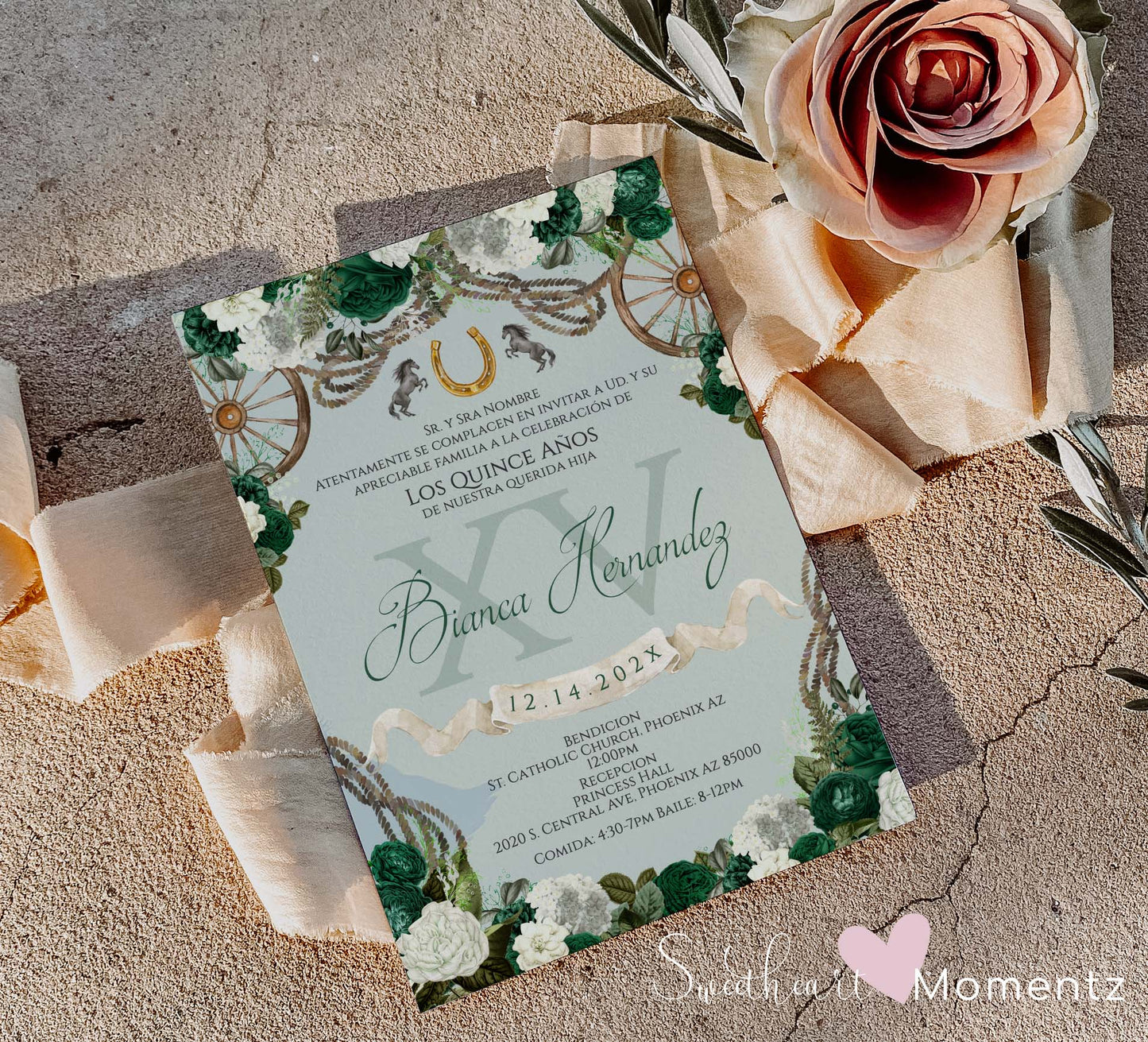 Emerald Green Charro Quinceanera Invitation Style: Bianca