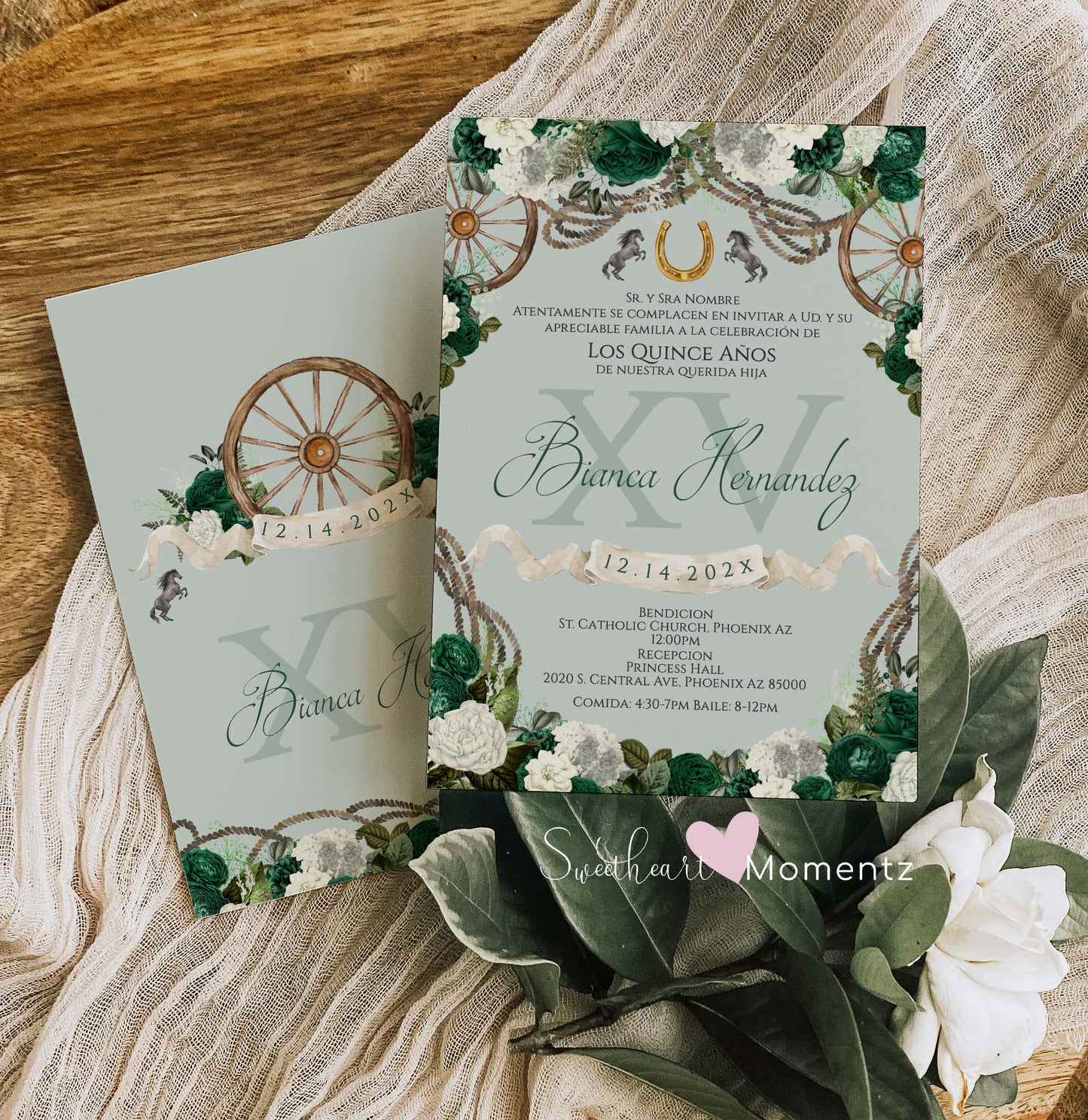 Emerald Green Charro Quinceanera Invitation Style: Bianca