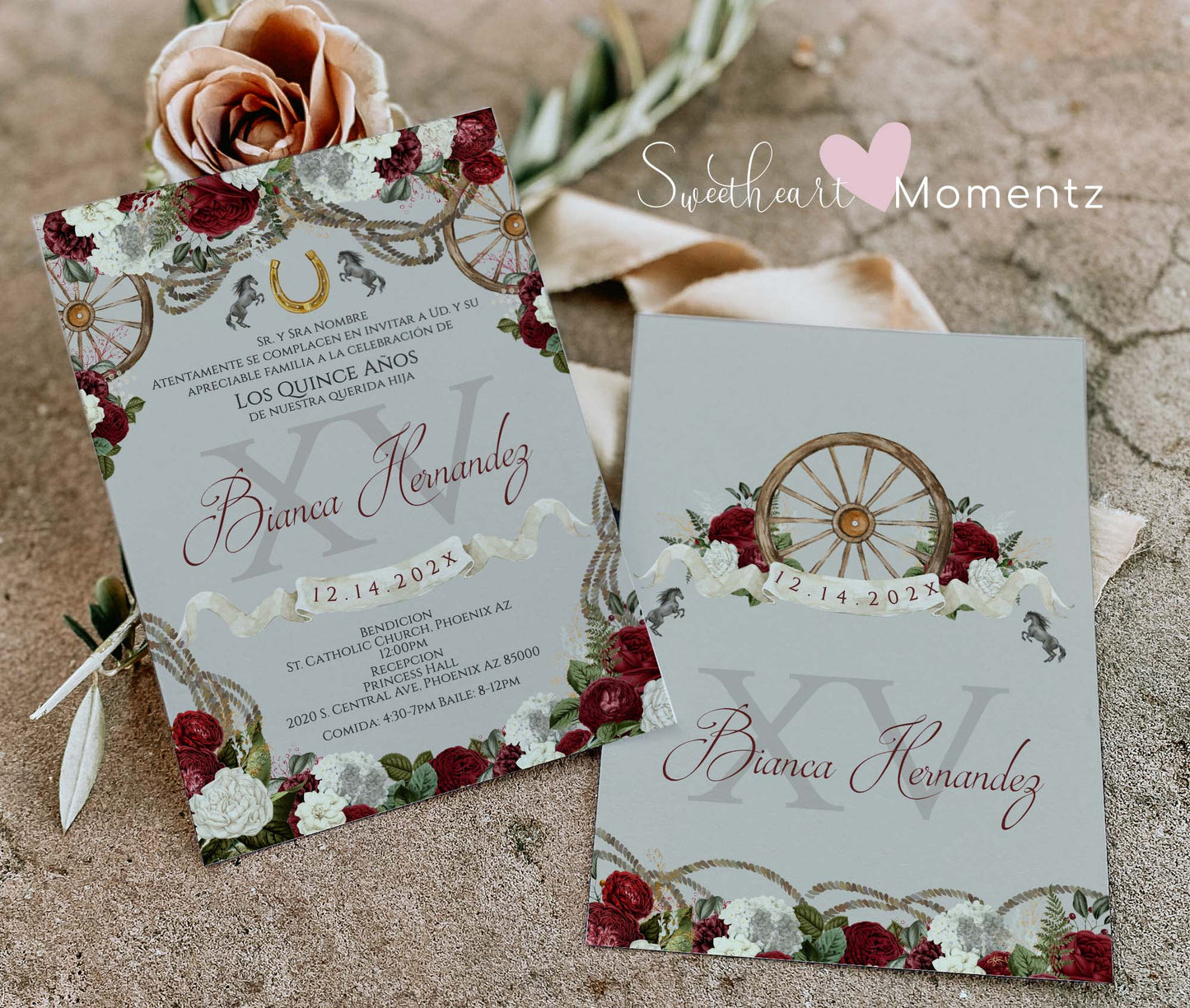 Burgundy Charro Quinceanera Invitation Style: Bianca