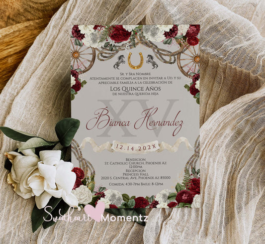 Burgundy Charro Quinceanera Invitation Style: Bianca