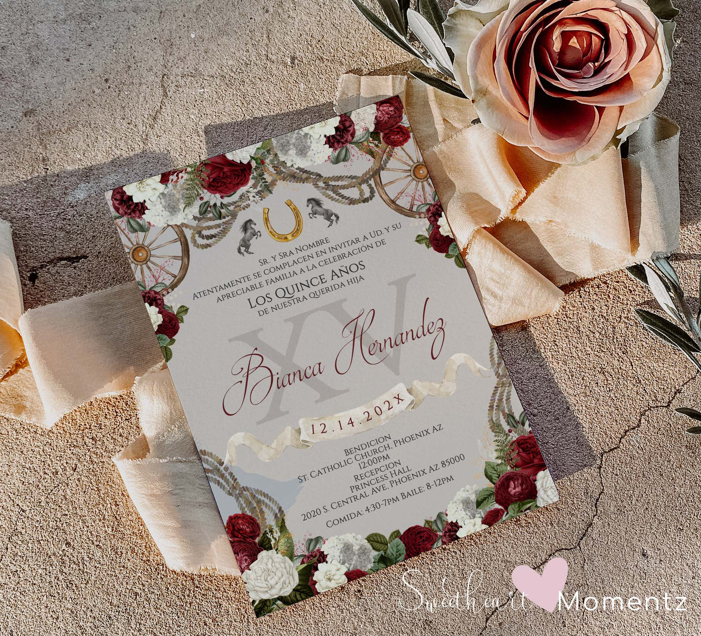 Burgundy Charro Quinceanera Invitation Style: Bianca