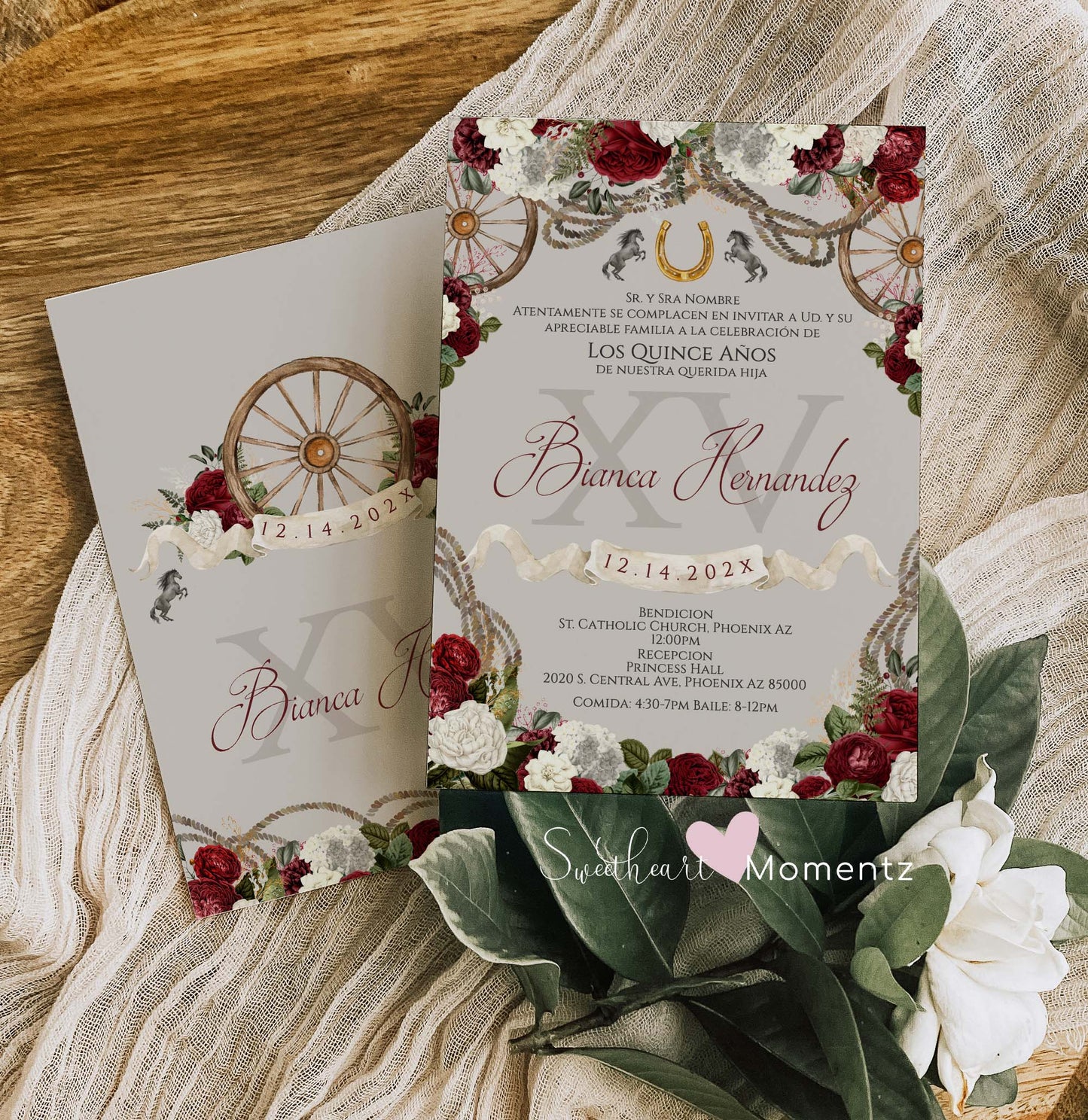 Burgundy Charro Quinceanera Invitation Style: Bianca