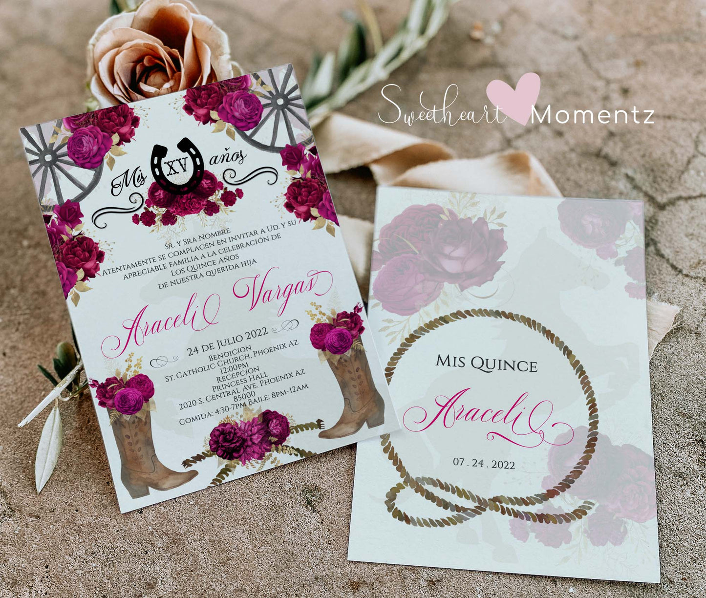 Fuchsia Pink Charro Quinceanera Invitation Style: Araceli