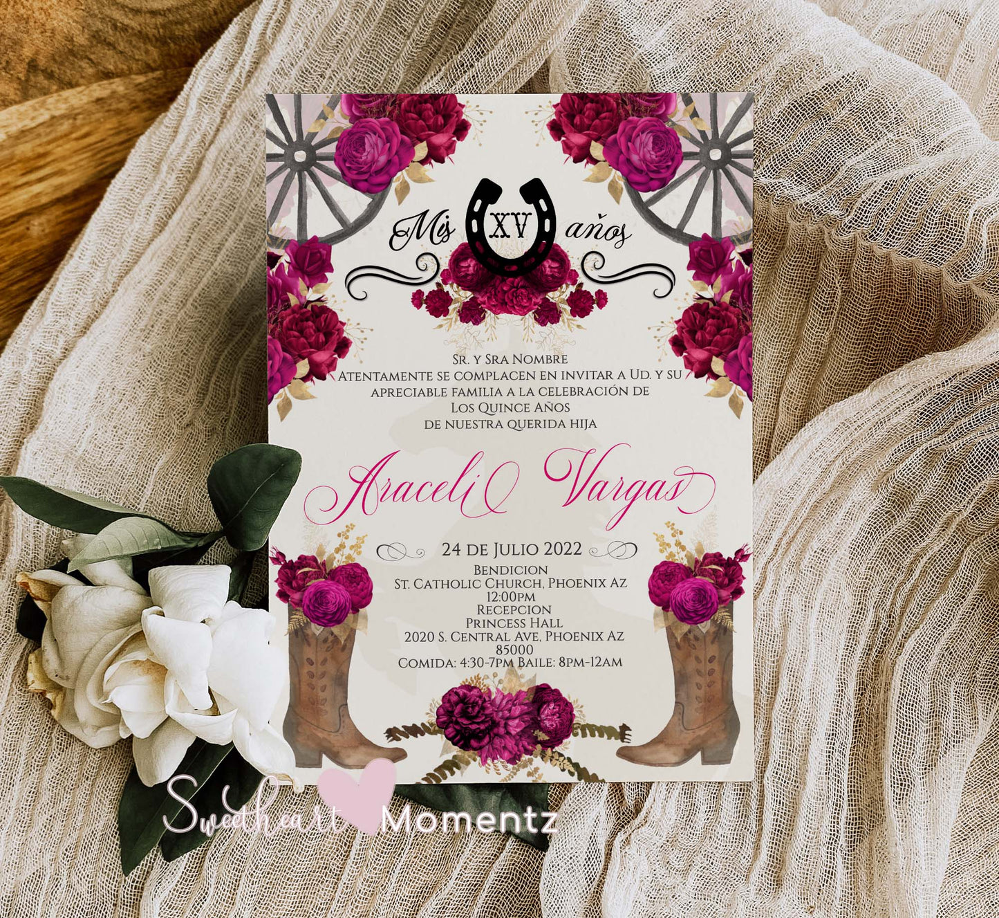 Fuchsia Pink Charro Quinceanera Invitation Style: Araceli