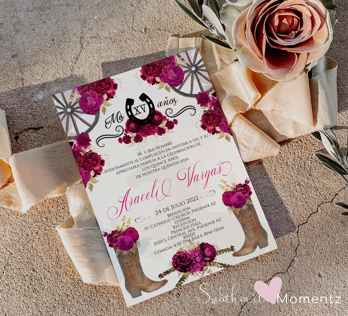 Fuchsia Pink Charro Quinceanera Invitation Style: Araceli