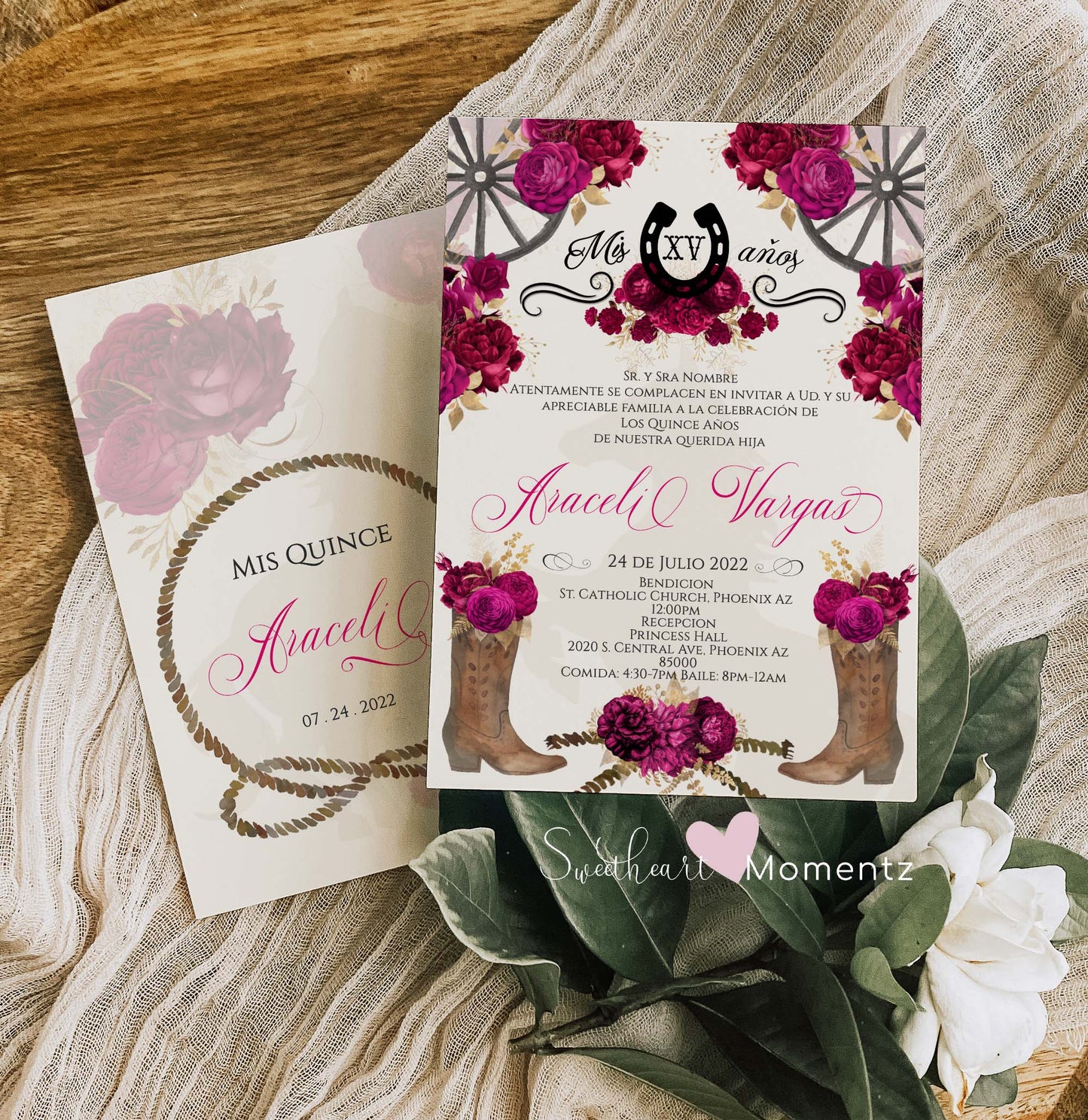 Fuchsia Pink Charro Quinceanera Invitation Style: Araceli