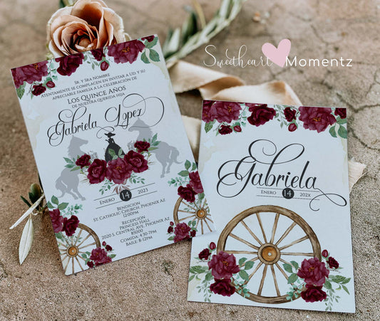 Burgundy Charro Quinceanera Invitation Style: Gabriela