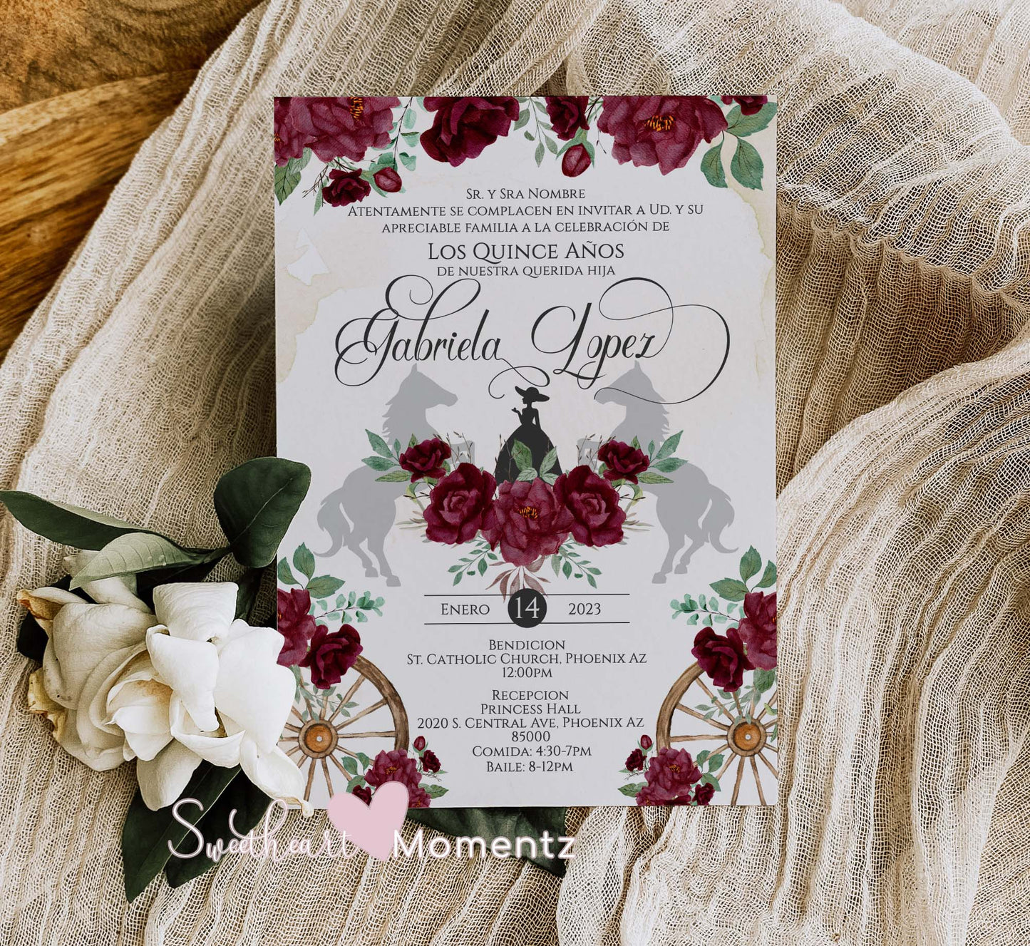 Burgundy Charro Quinceanera Invitation Style: Gabriela