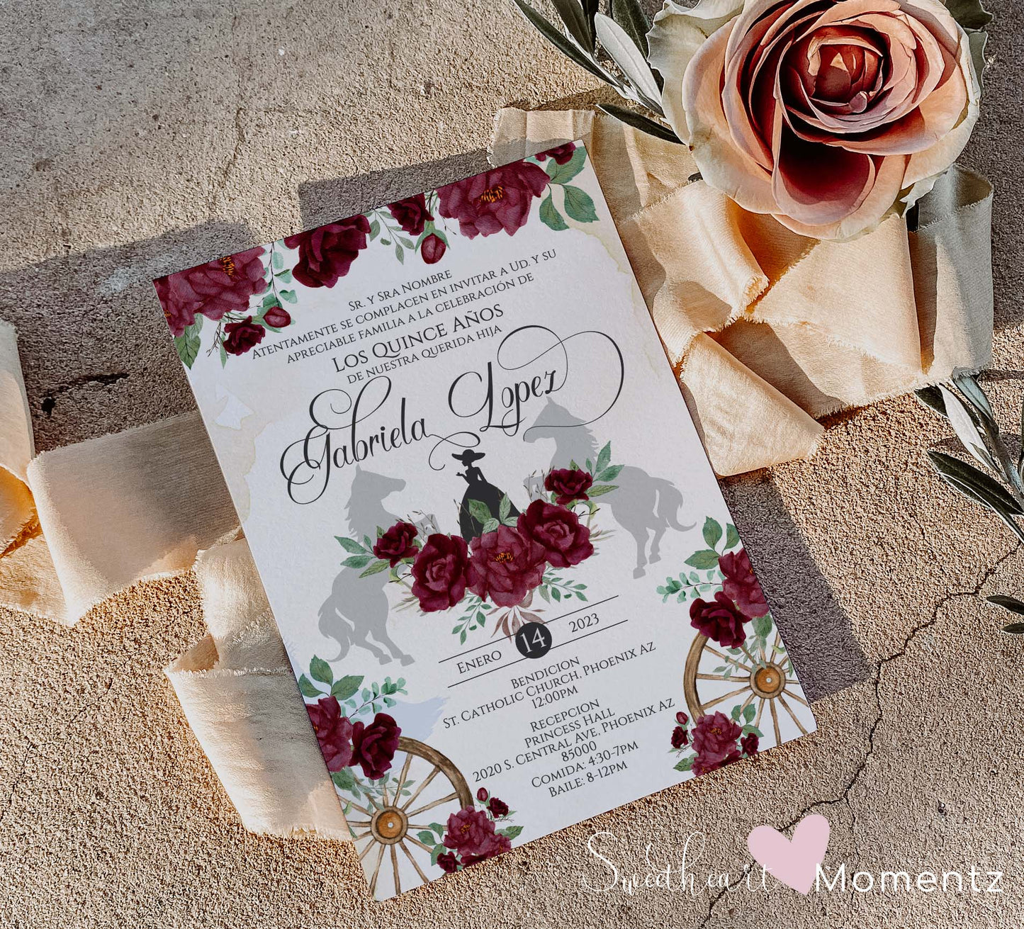 Burgundy Charro Quinceanera Invitation Style: Gabriela