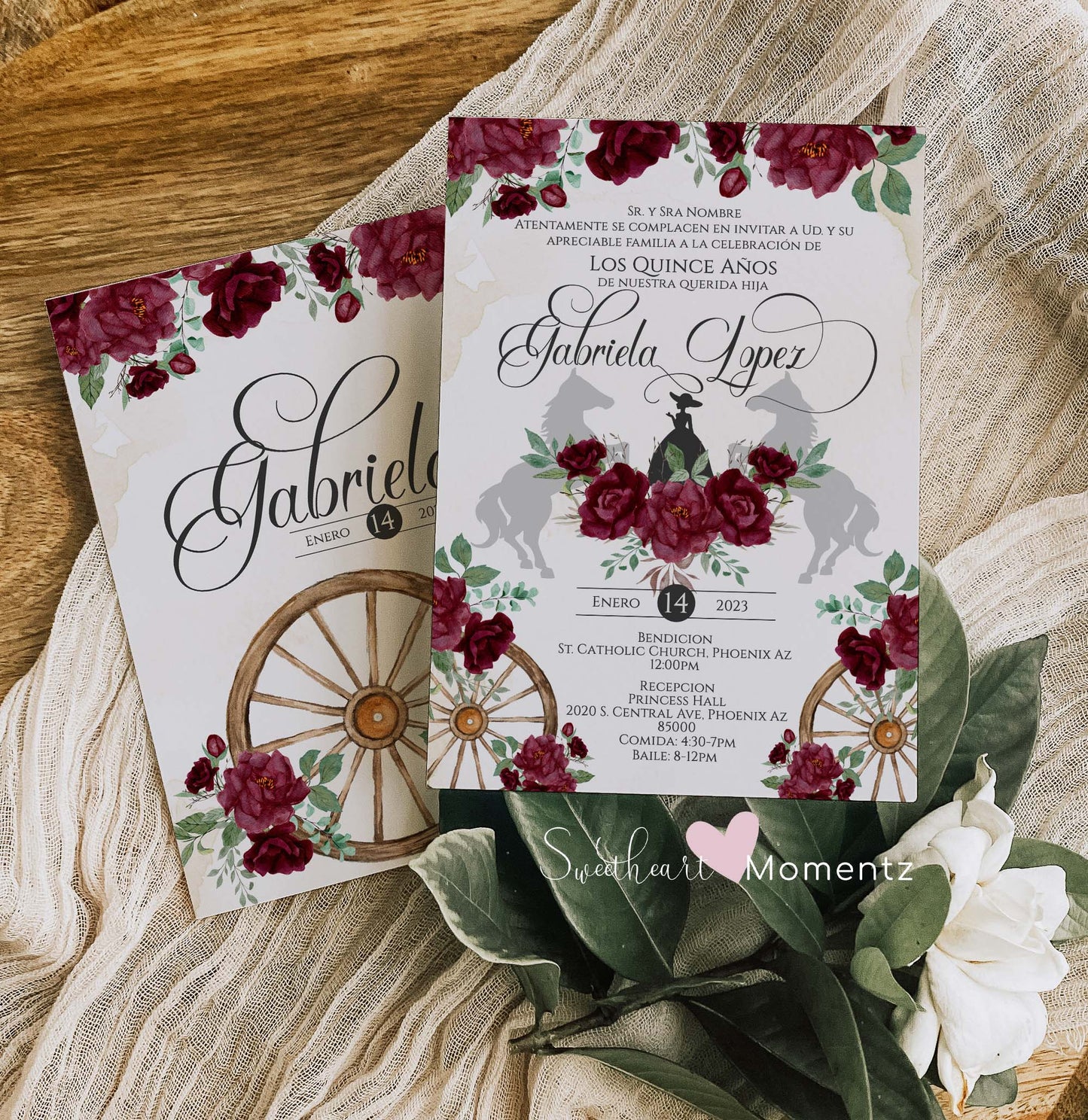 Burgundy Charro Quinceanera Invitation Style: Gabriela