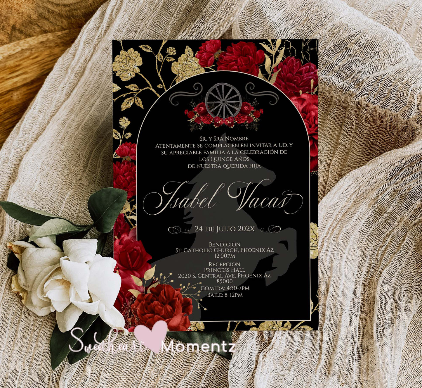 Black and Red with Gold Charro Quinceanera Invitation Style: Isabel w/wheel