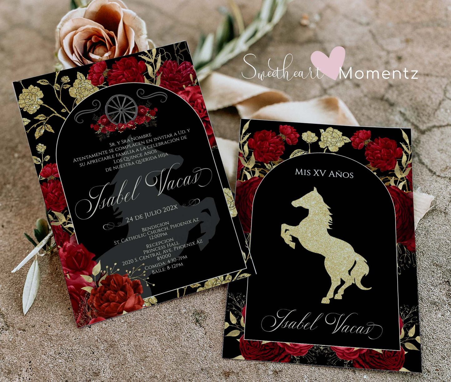 Black and Red with Gold Charro Quinceanera Invitation Style: Isabel w/wheel