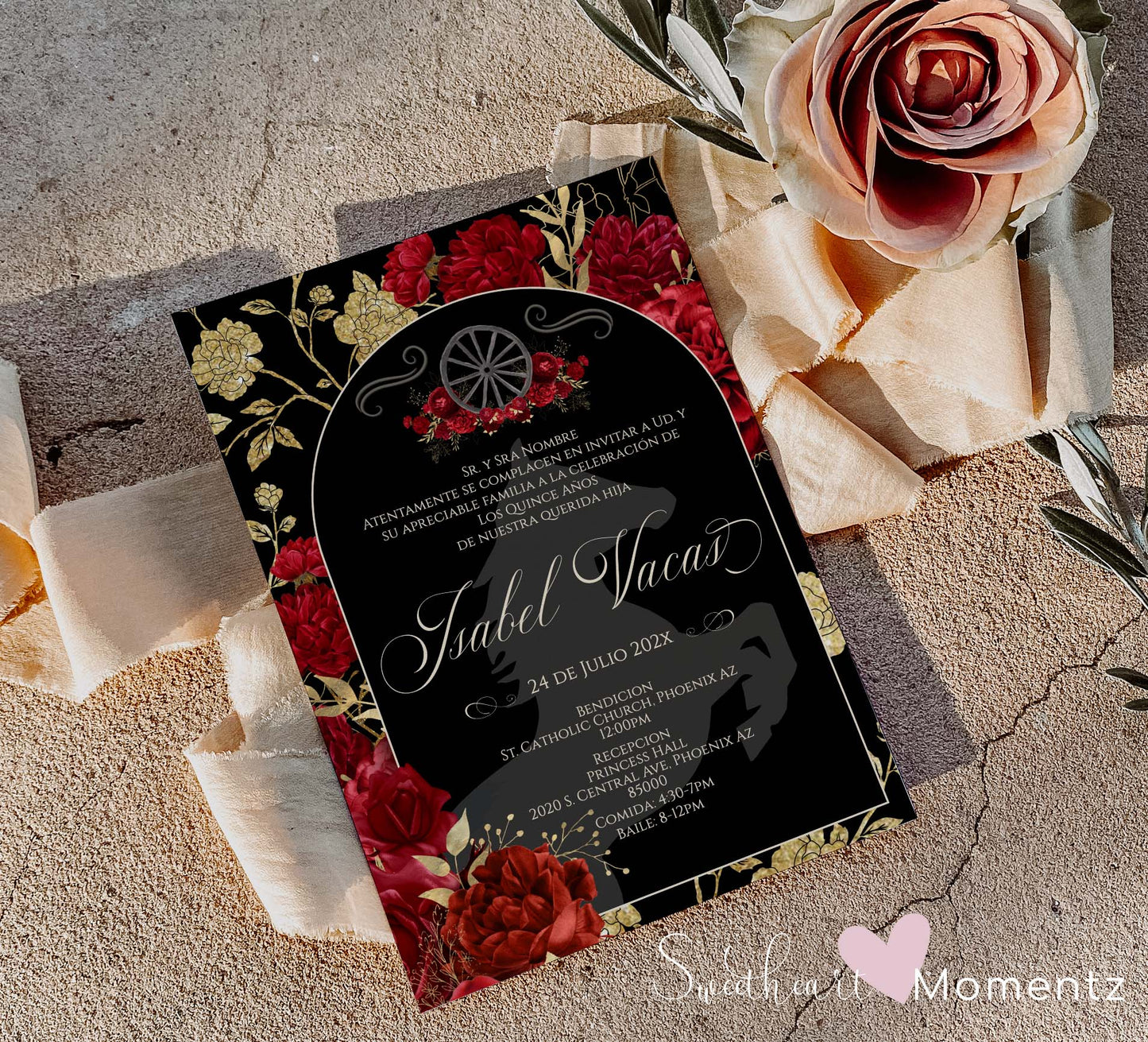 Black and Red with Gold Charro Quinceanera Invitation Style: Isabel w/wheel