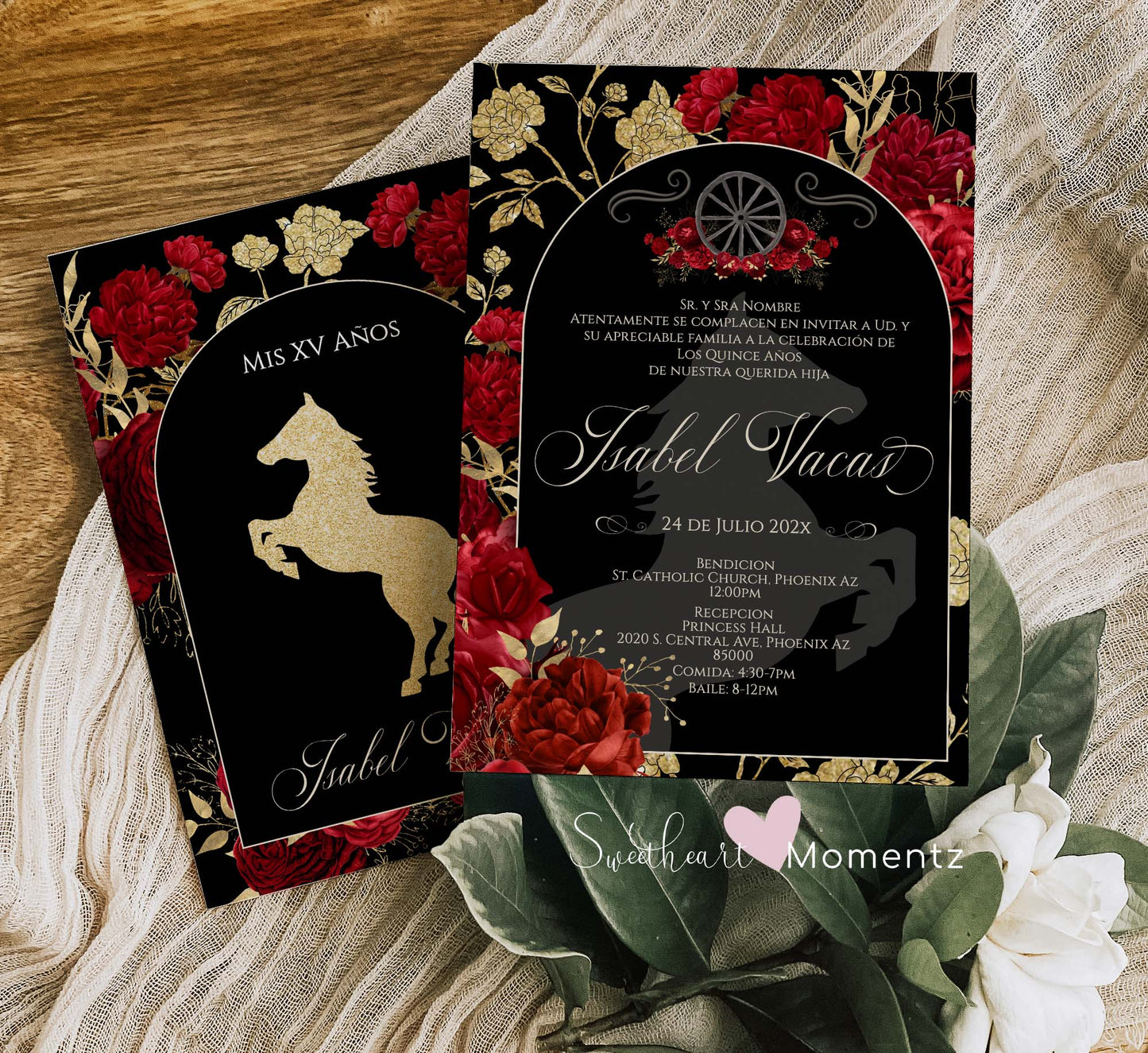 Black and Red with Gold Charro Quinceanera Invitation Style: Isabel w/wheel