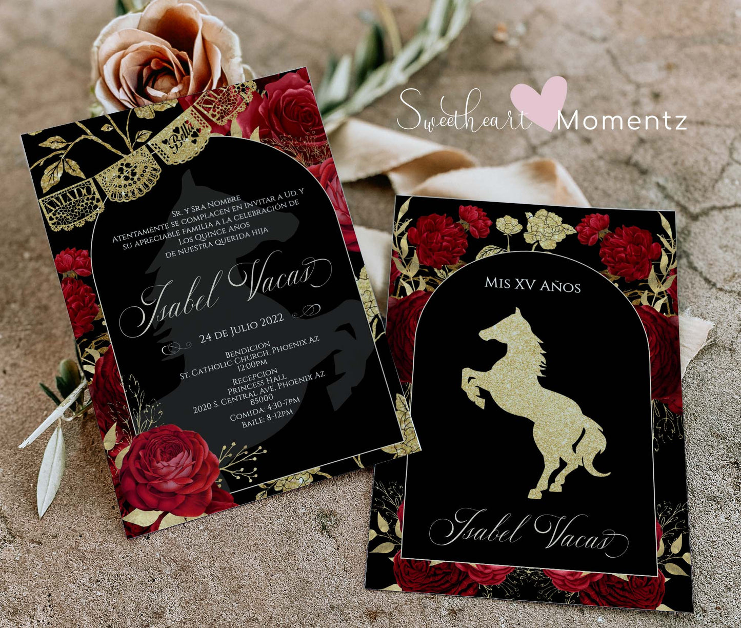 Black and Red with Gold Charro Quinceanera Invitation Style: Isabel w/banner