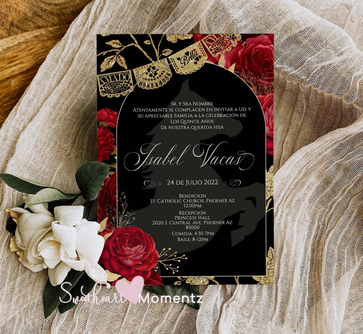 Black and Red with Gold Charro Quinceanera Invitation Style: Isabel w/banner