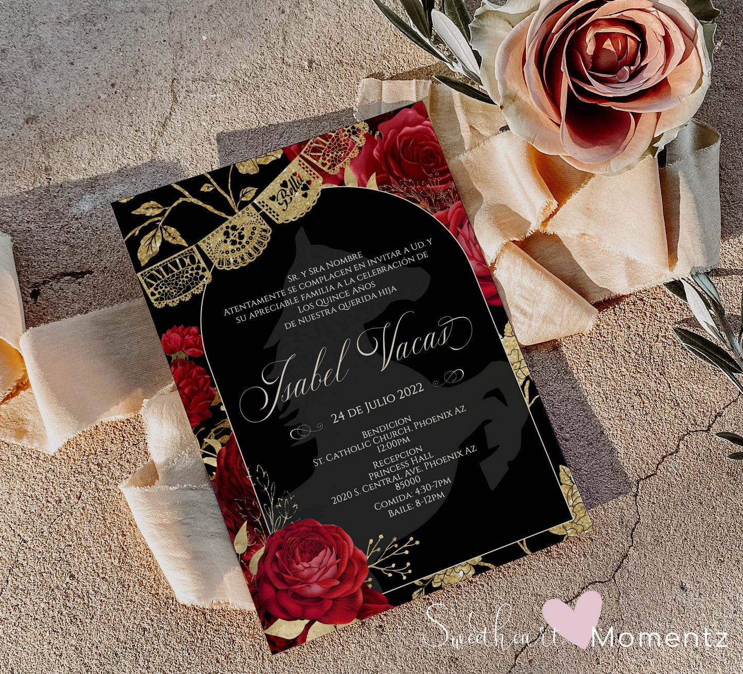 Black and Red with Gold Charro Quinceanera Invitation Style: Isabel w/banner