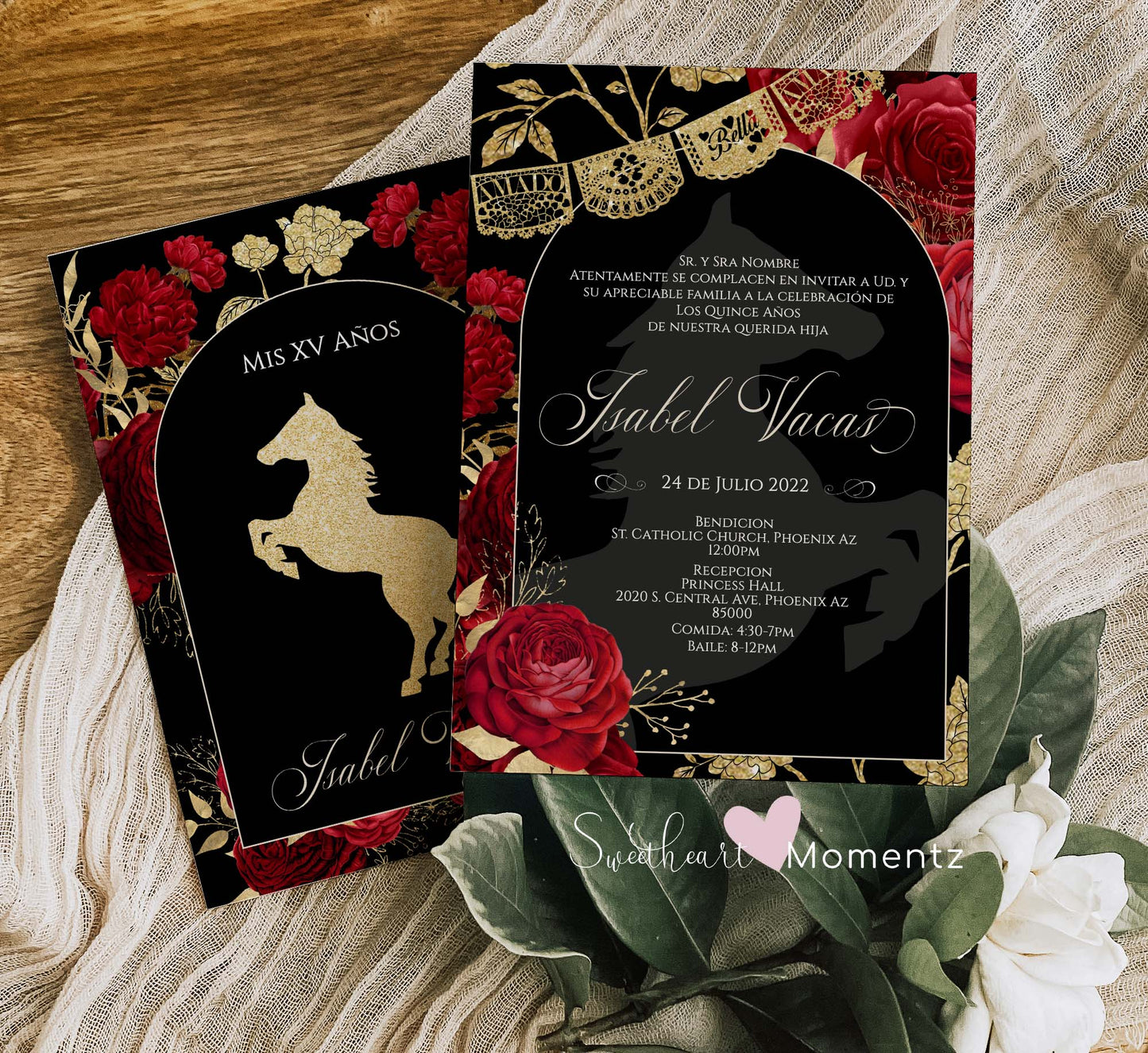 Black and Red with Gold Charro Quinceanera Invitation Style: Isabel w/banner