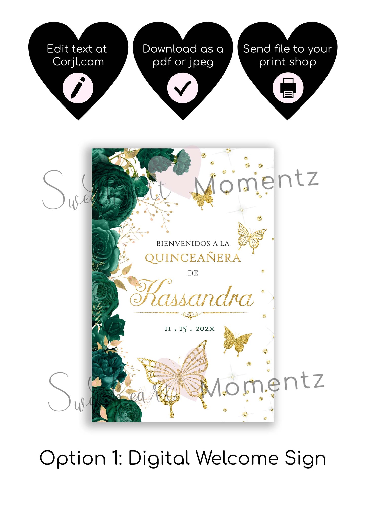 Emerald Green and Gold Butterfly Welcome Sign Style: Kassandra