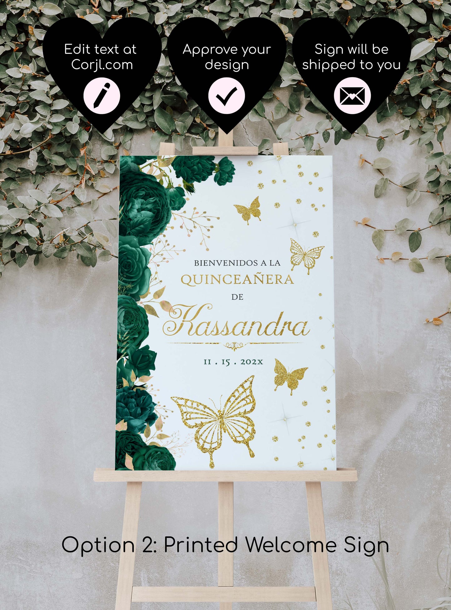 Emerald Green and Gold Butterfly Welcome Sign Style: Kassandra